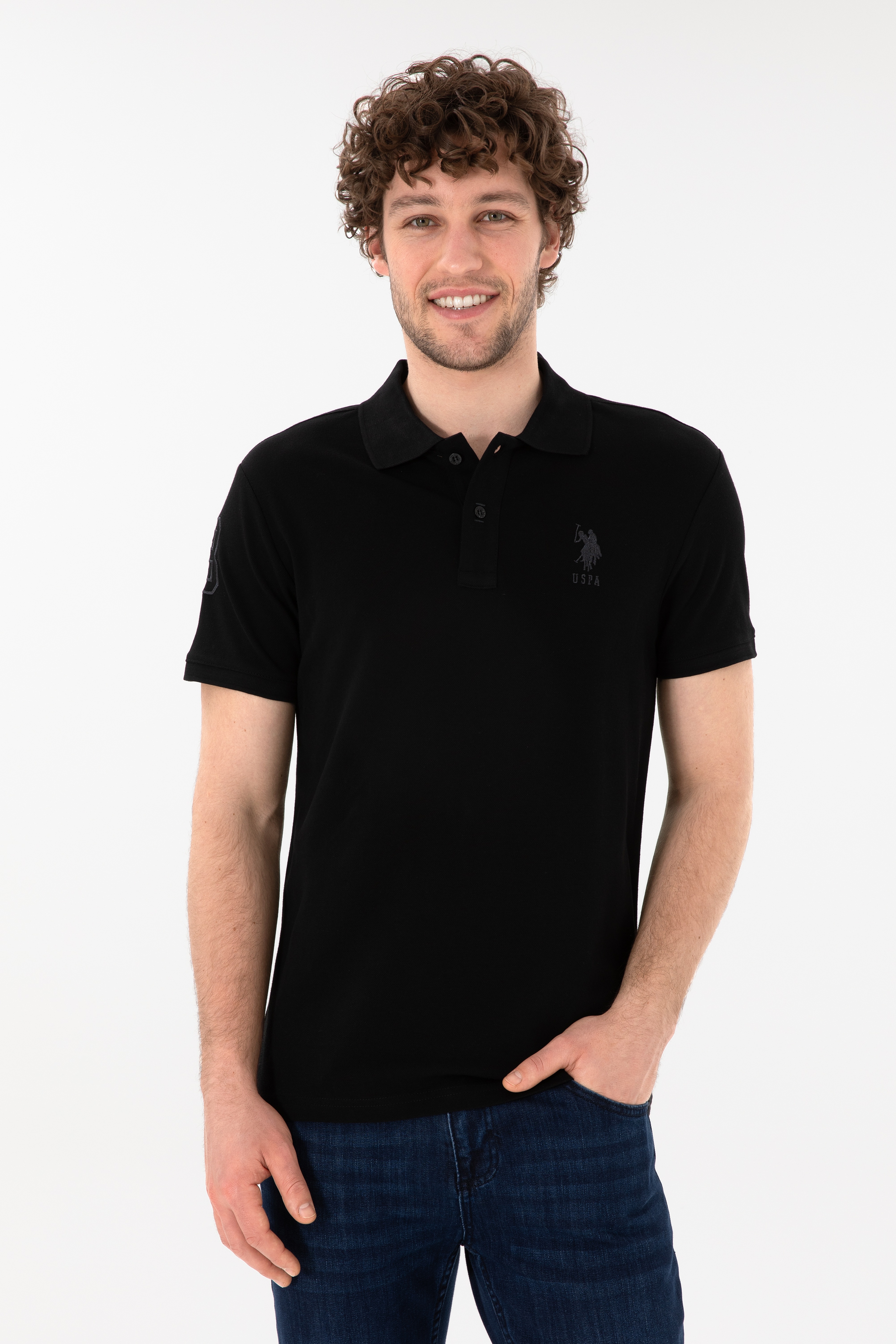 Erkek Slim Fit Polo Yaka Siyah Basic Tişört