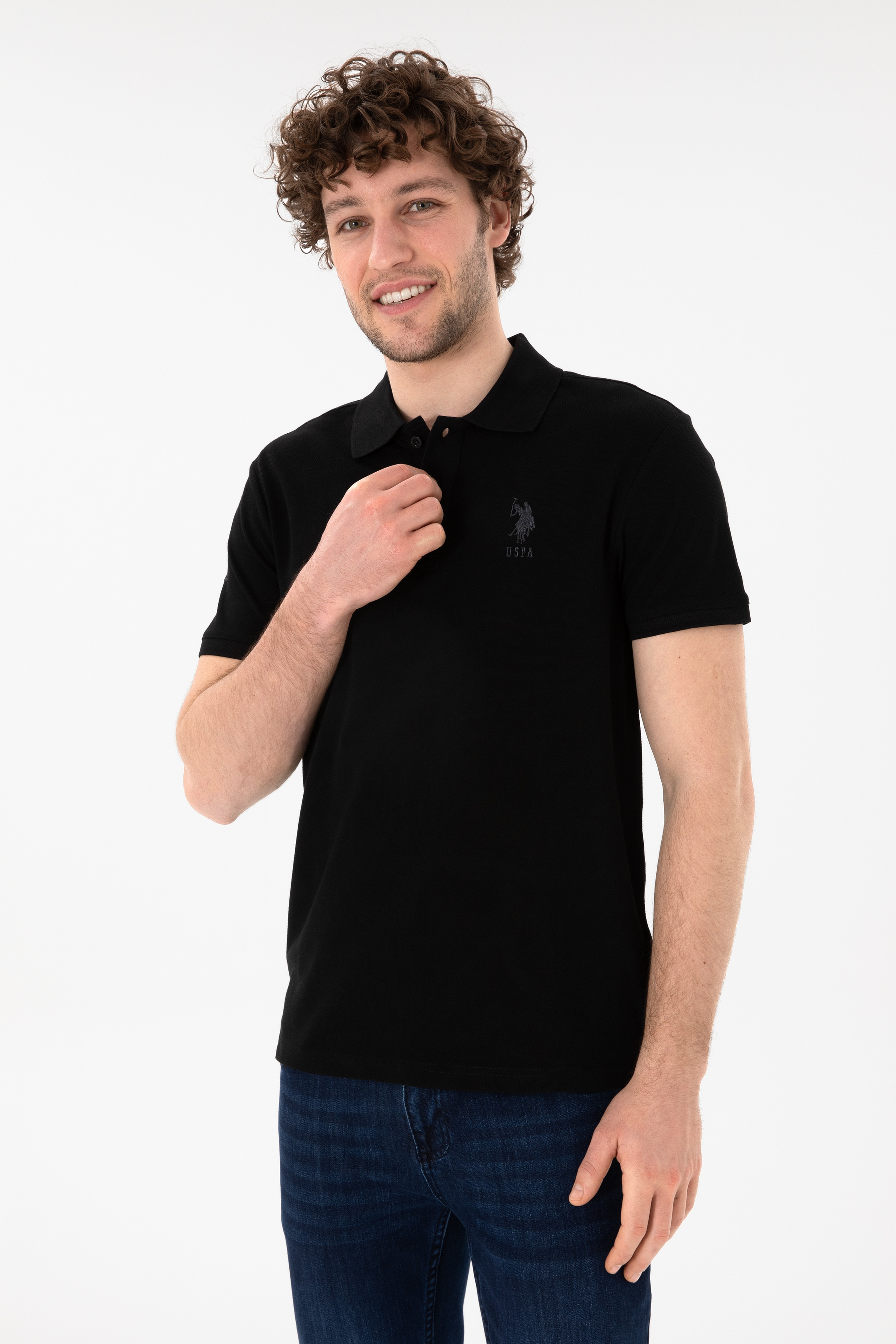 Erkek Slim Fit Polo Yaka Siyah Basic Tişört - Image 2