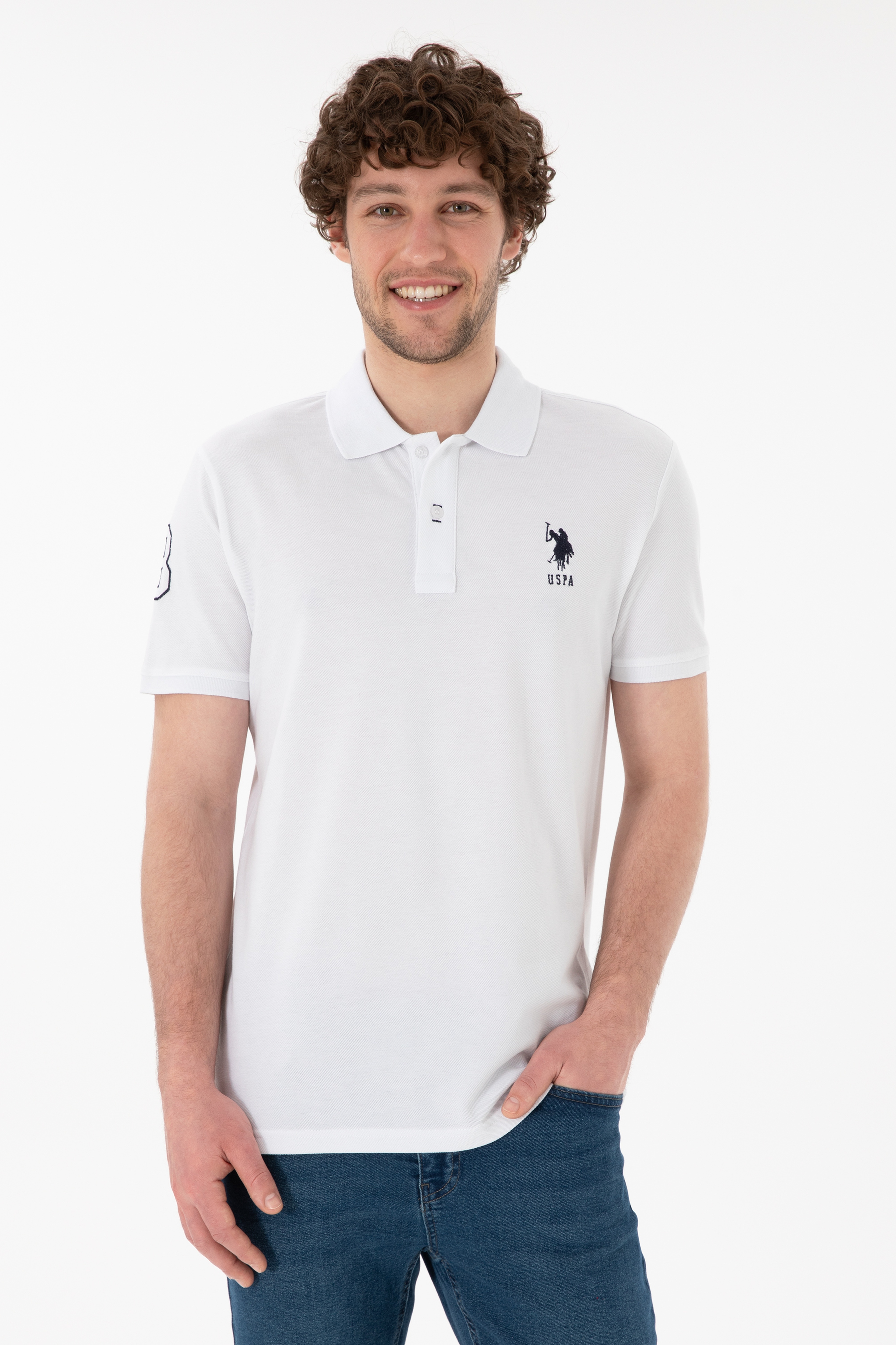 Erkek Slim Fit Polo Yaka Beyaz Basic Tişört - Image 1