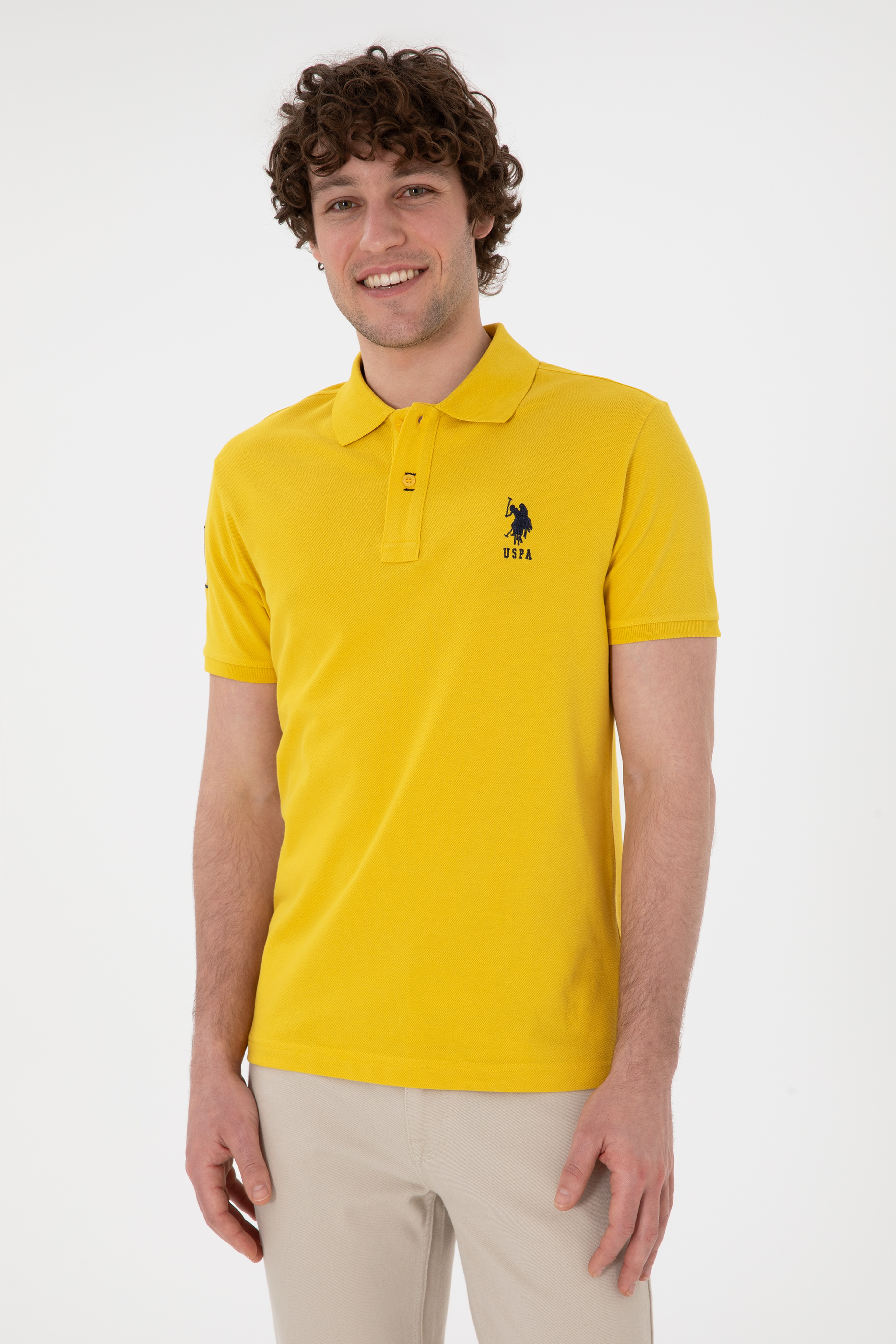 Erkek Slim Fit Polo Yaka Sarı Basic Tişört - Image 4