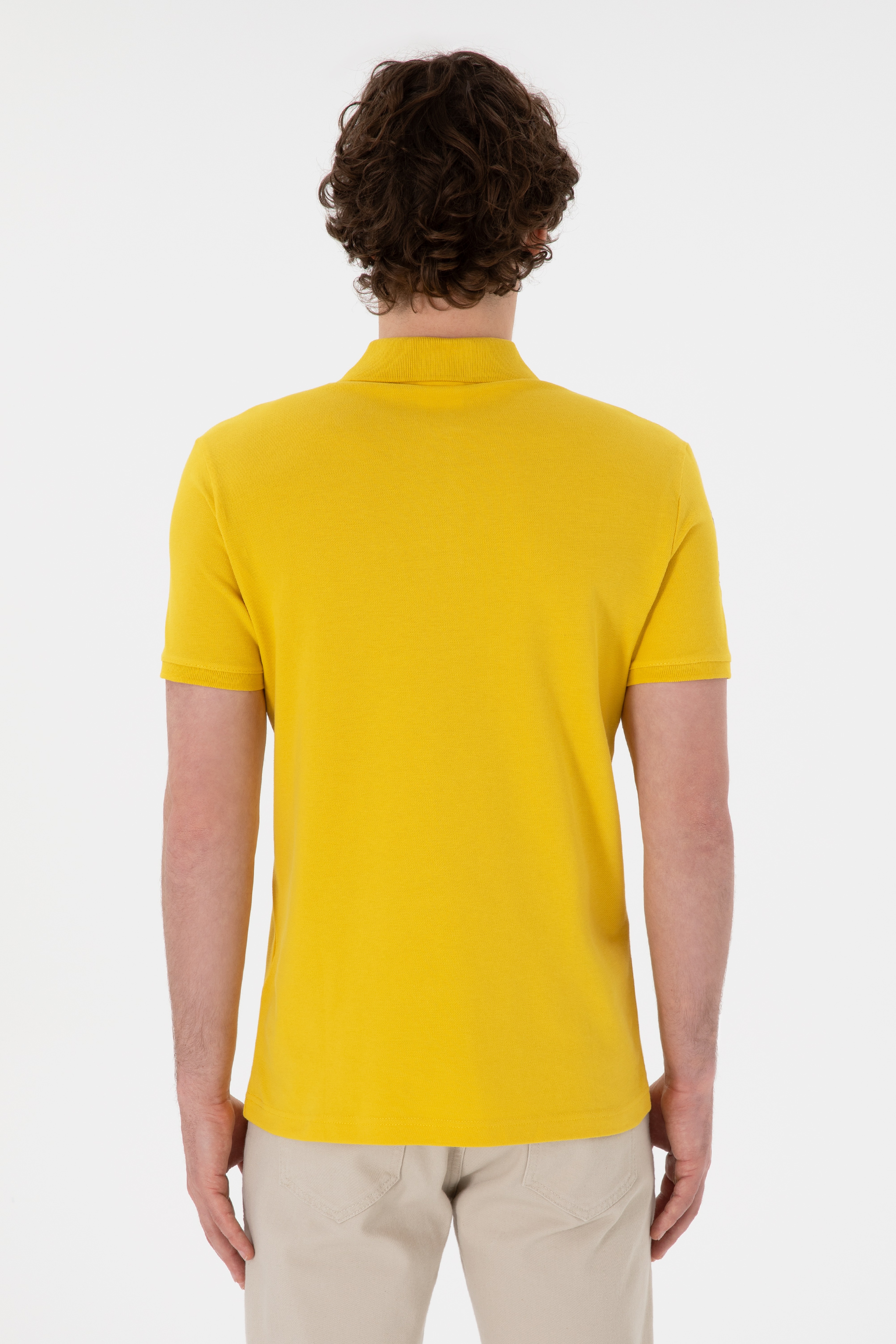 Erkek Slim Fit Polo Yaka Sarı Basic Tişört - Image 6