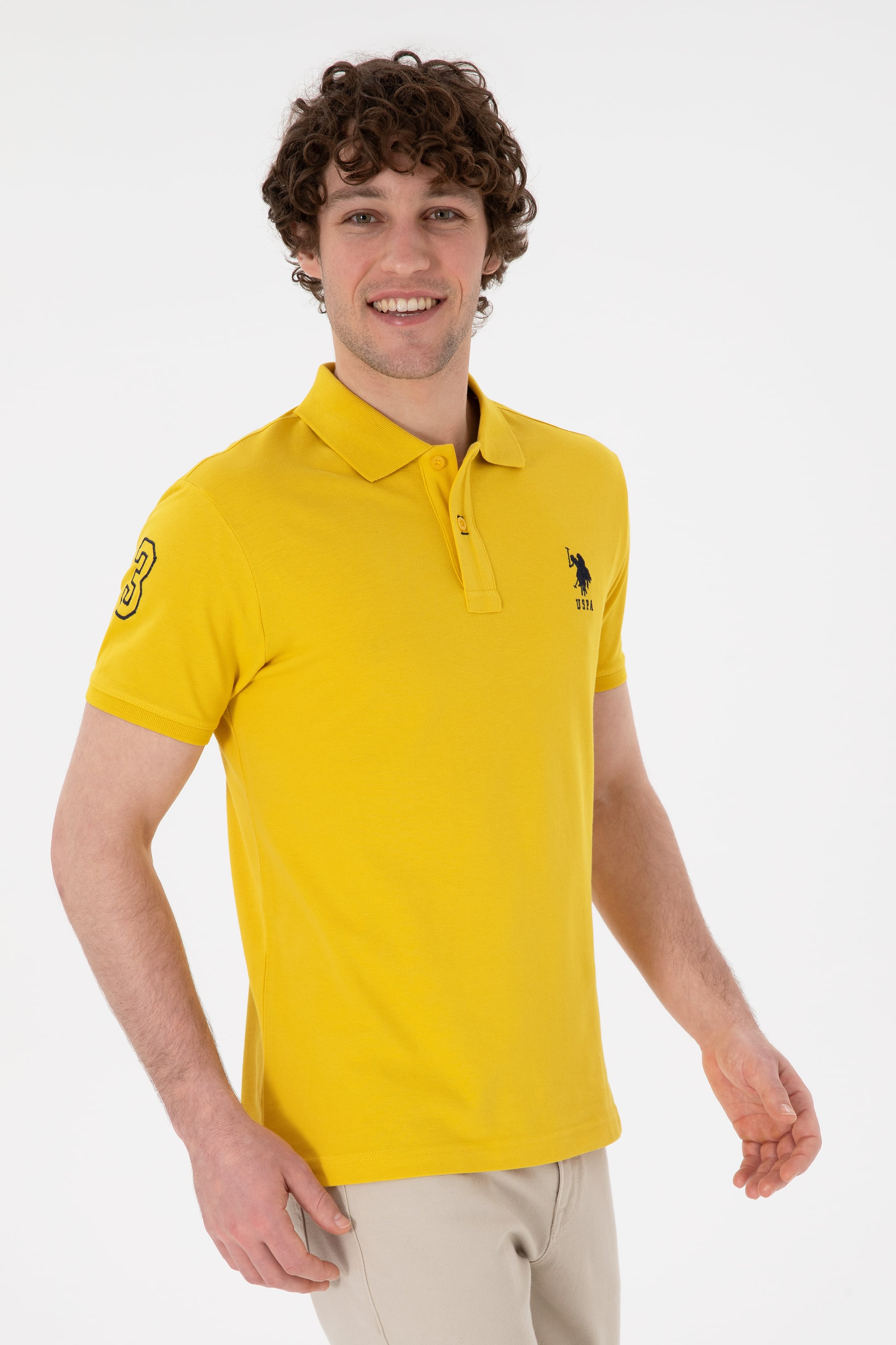 Erkek Slim Fit Polo Yaka Sarı Basic Tişört - Image 2