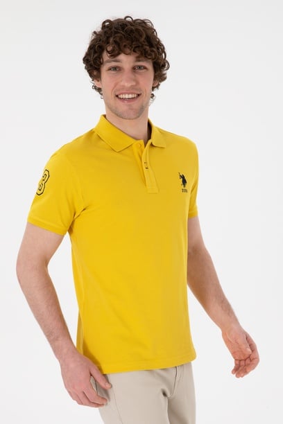 Erkek Slim Fit Polo Yaka Sarı Basic Tişört