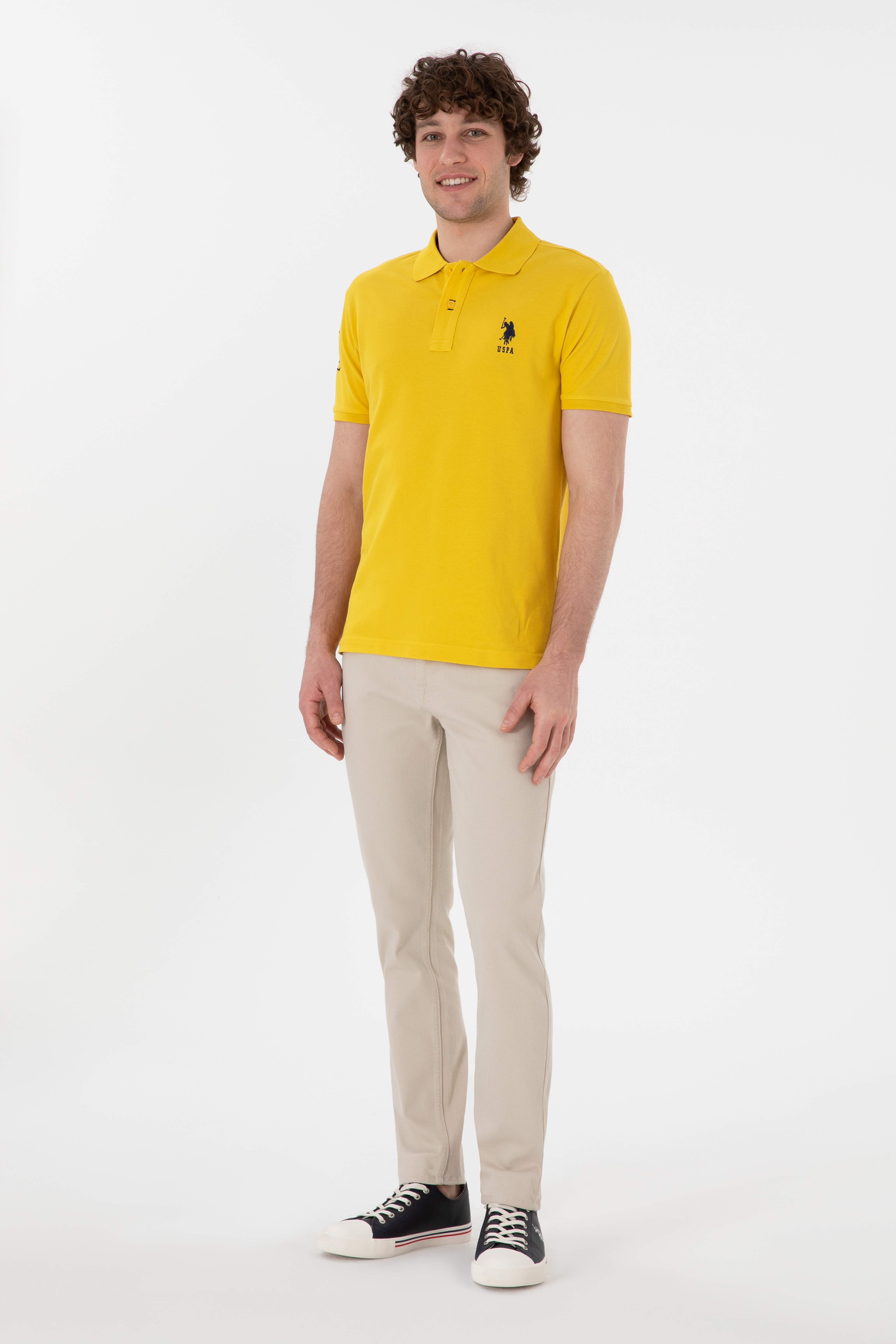 Erkek Slim Fit Polo Yaka Sarı Basic Tişört - Image 5