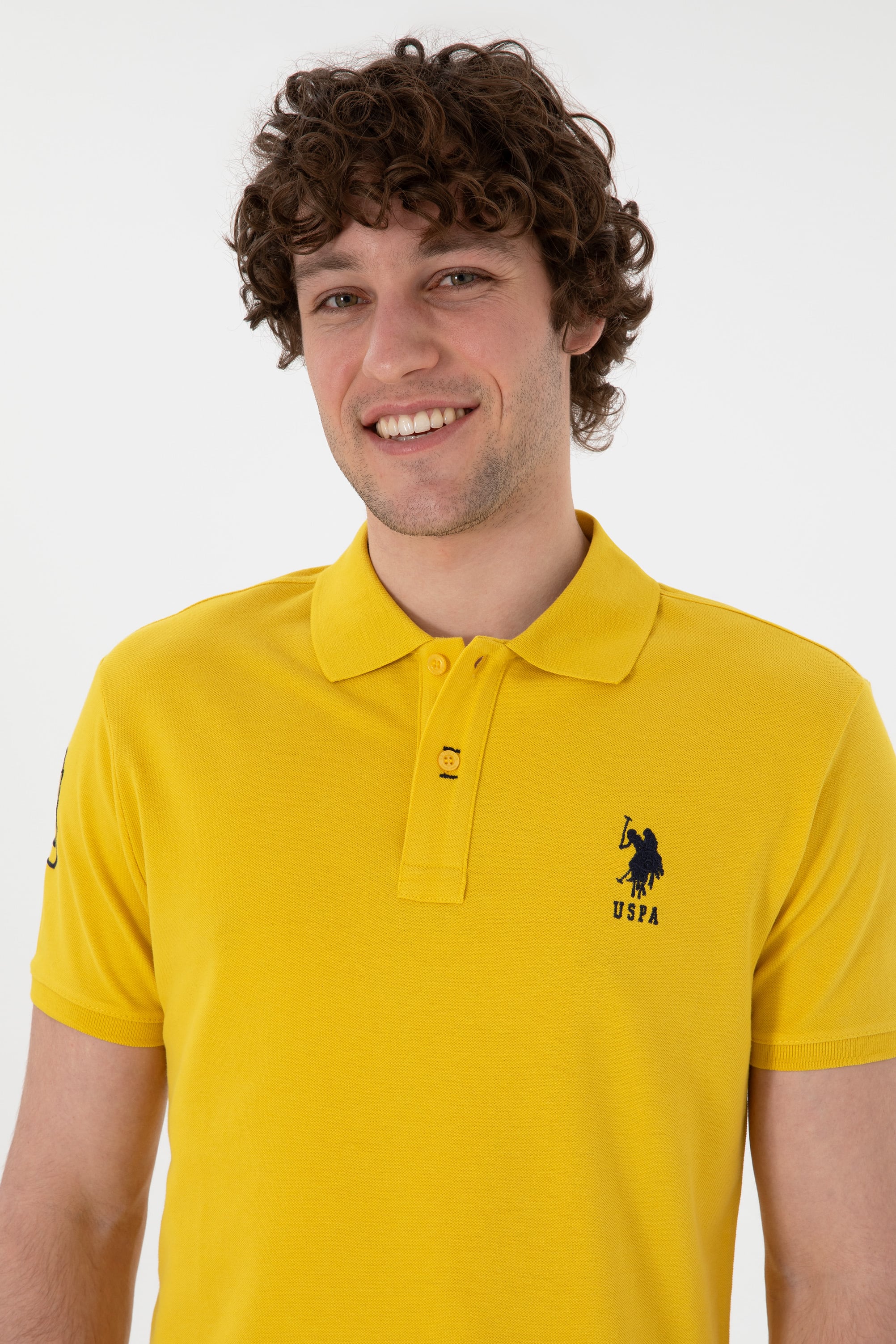 Erkek Slim Fit Polo Yaka Sarı Basic Tişört