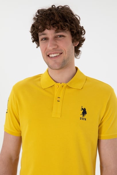 Erkek Slim Fit Polo Yaka Sarı Basic Tişört