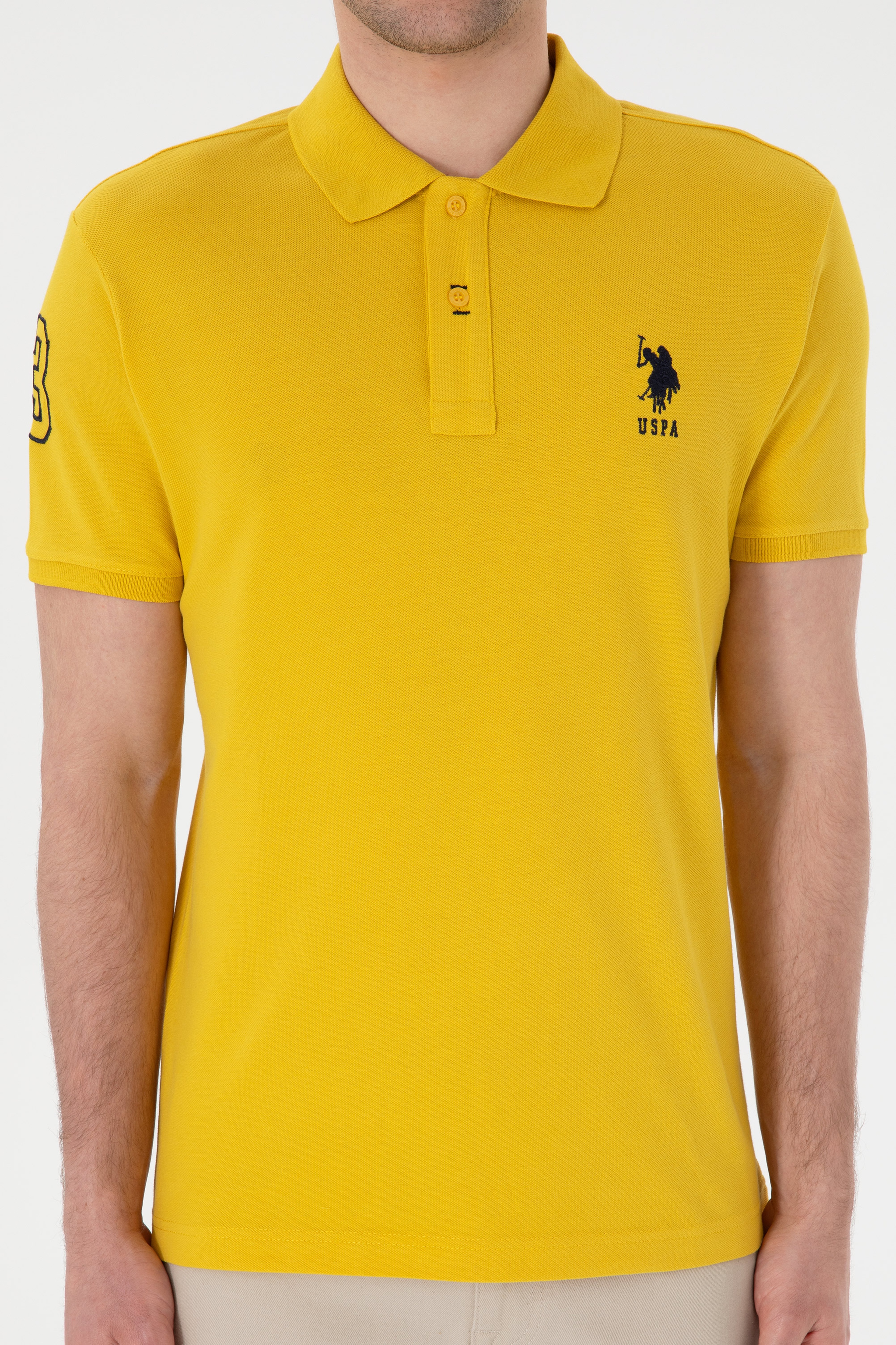 Erkek Slim Fit Polo Yaka Sarı Basic Tişört - Image 7