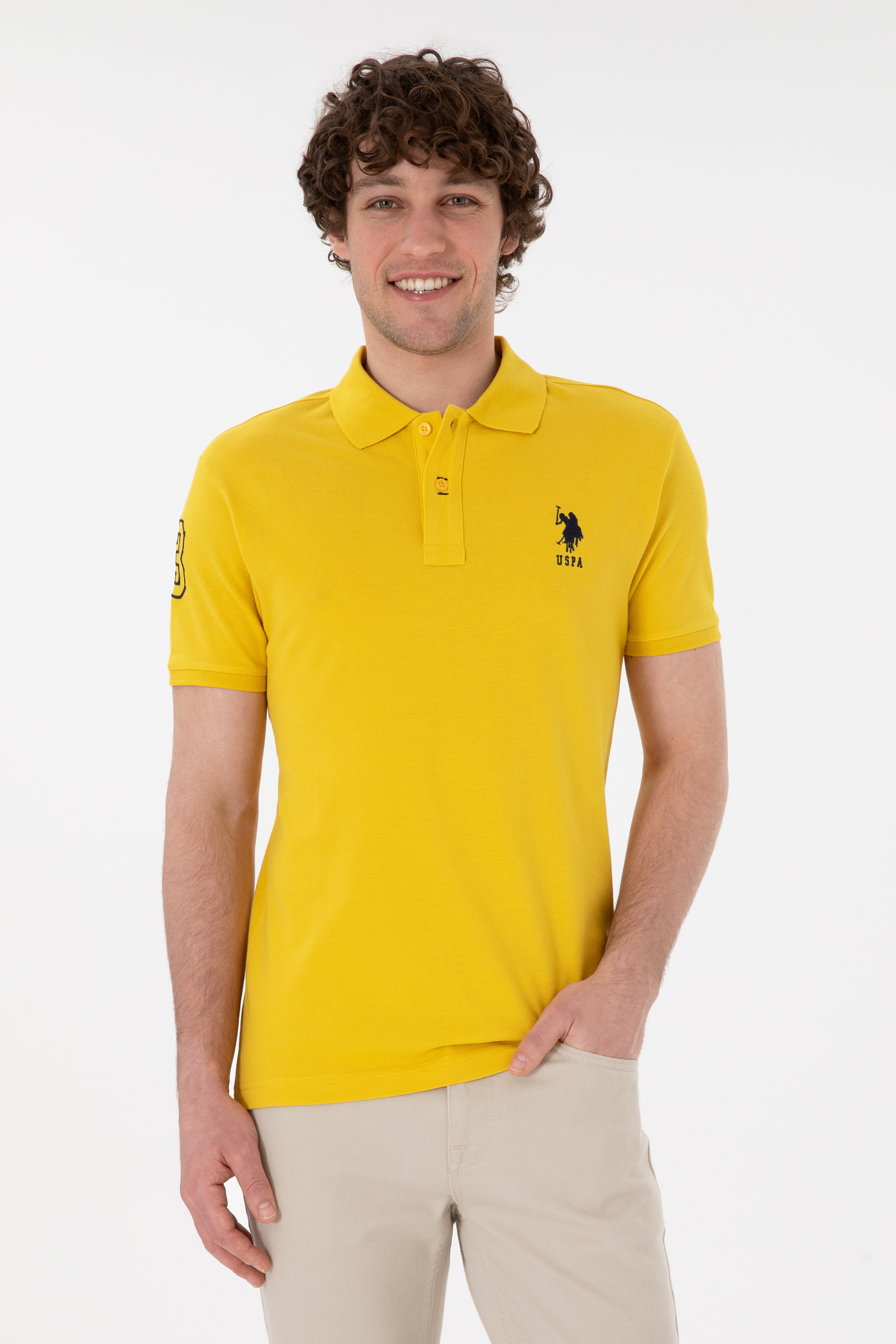 Erkek Slim Fit Polo Yaka Sarı Basic Tişört - Image 1