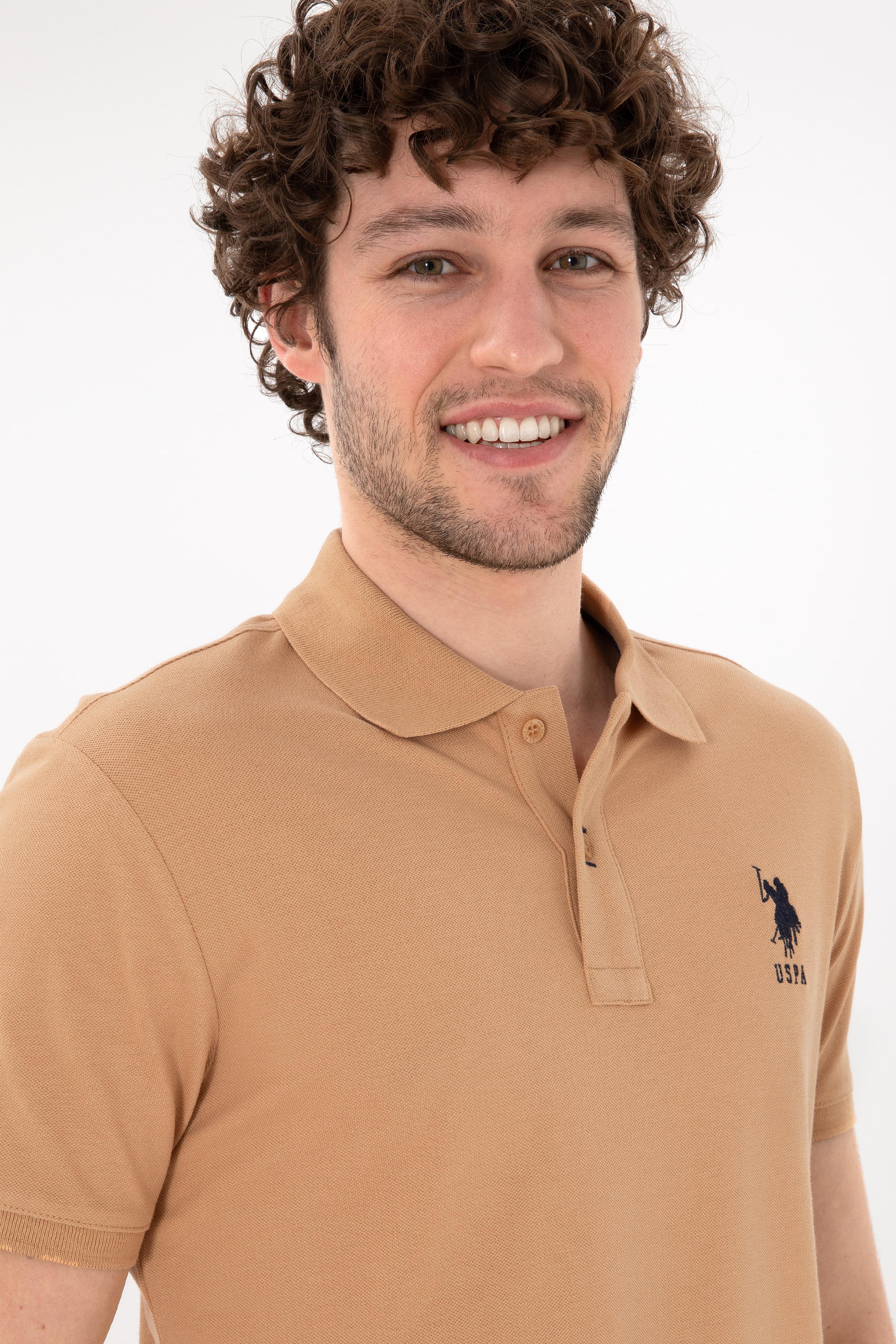Erkek Slim Fit Polo Yaka Camel Basic Tişört - Image 3
