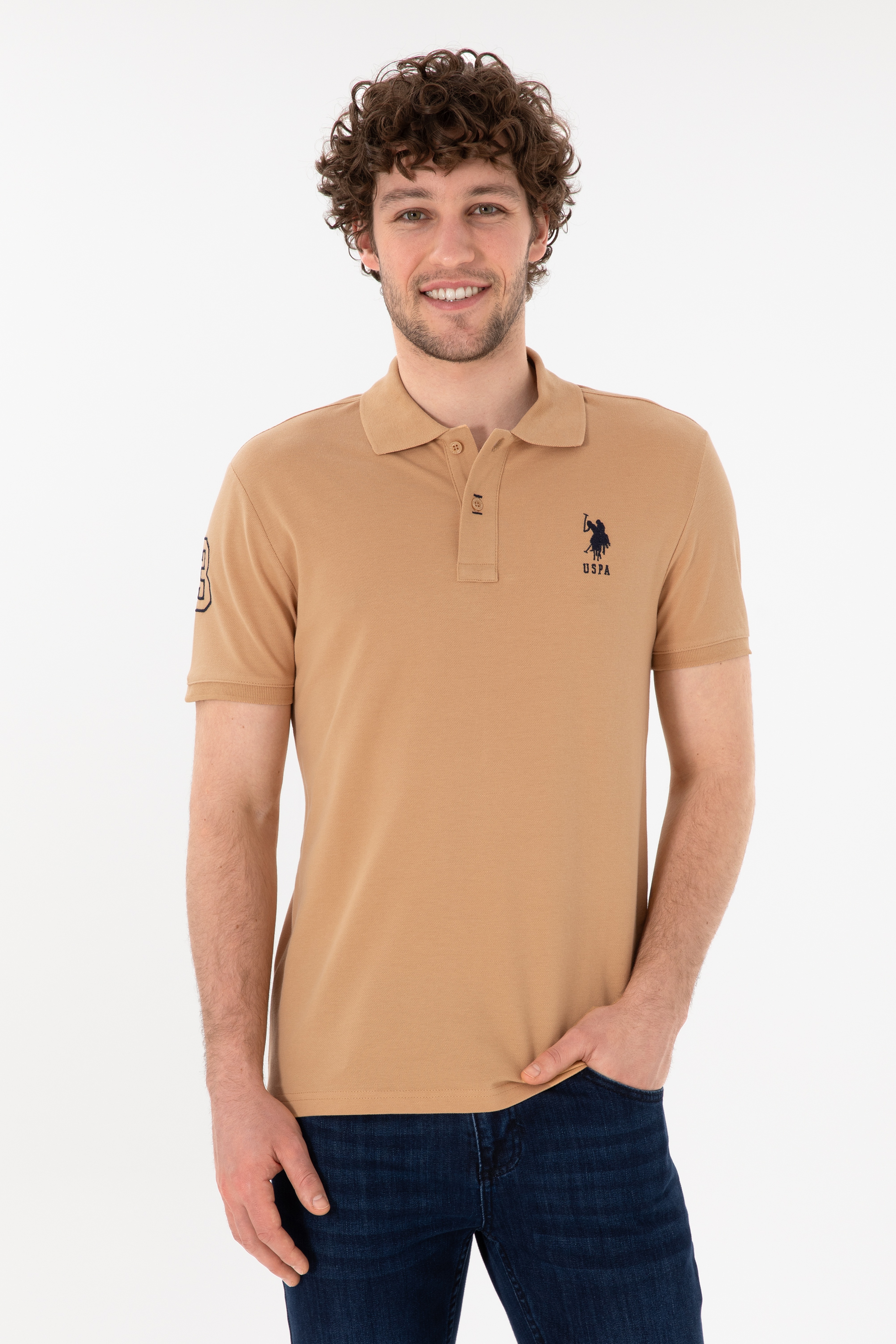 Erkek Slim Fit Polo Yaka Camel Basic Tişört - Image 1