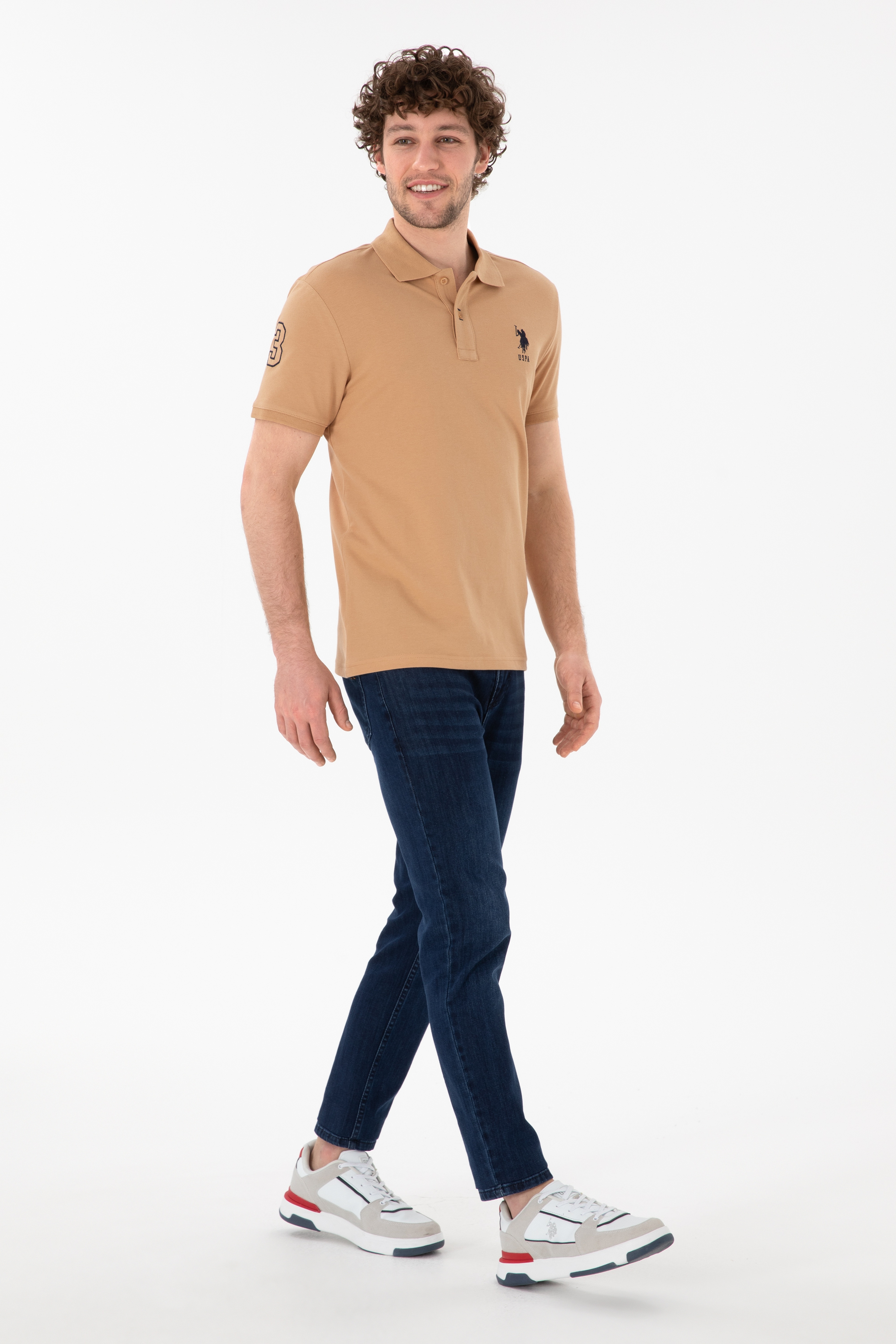 Erkek Slim Fit Polo Yaka Camel Basic Tişört