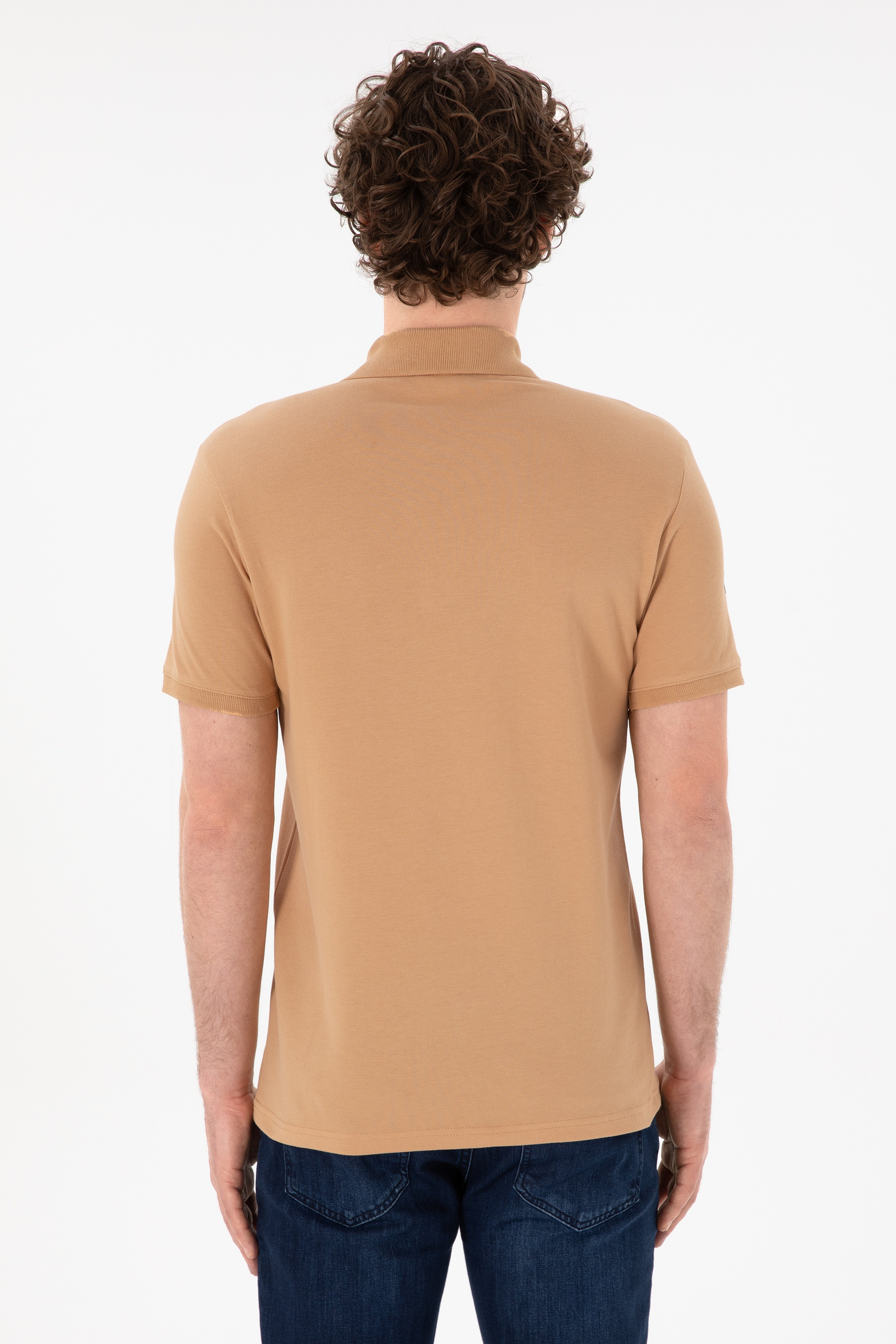 Erkek Slim Fit Polo Yaka Camel Basic Tişört