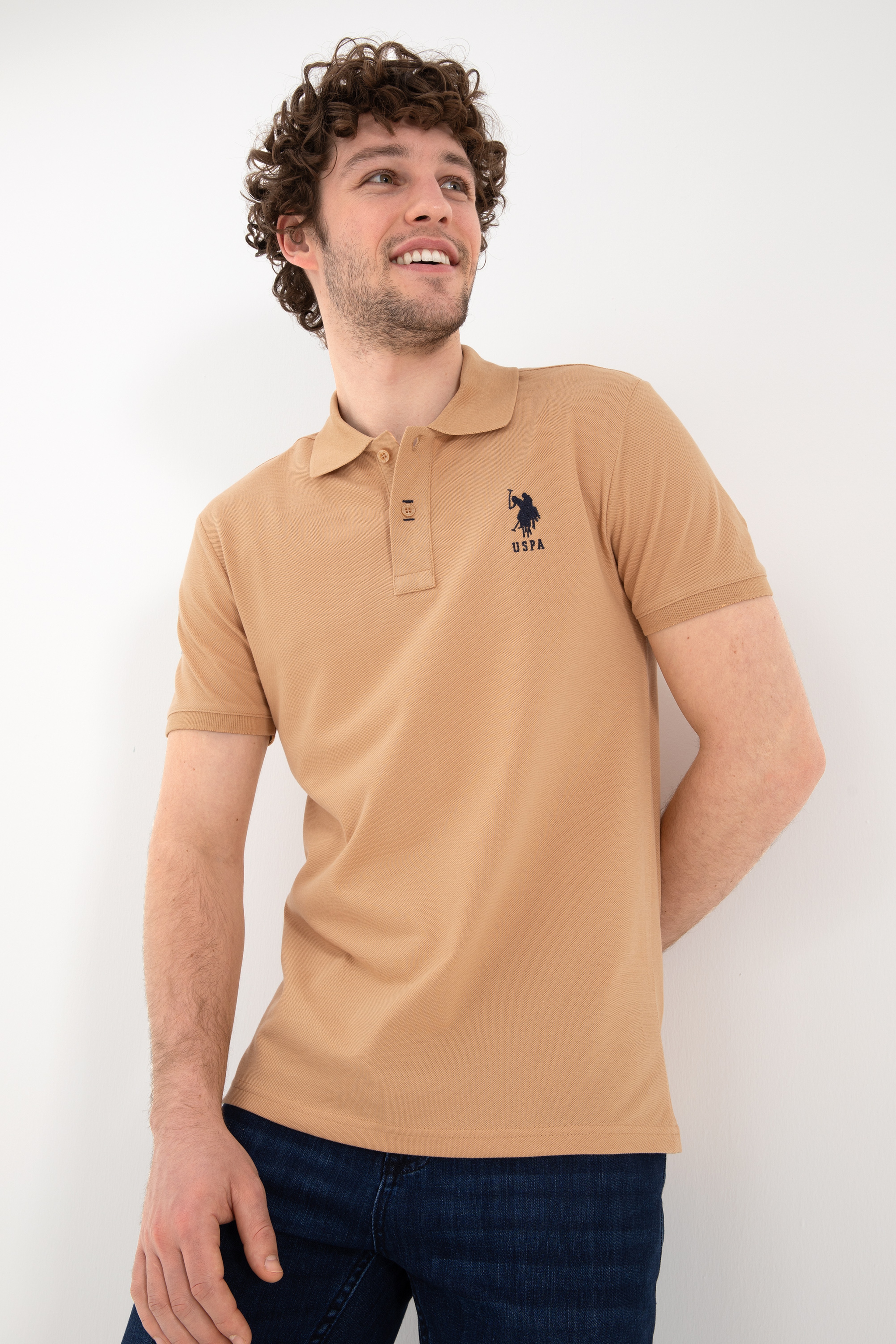 Erkek Slim Fit Polo Yaka Camel Basic Tişört