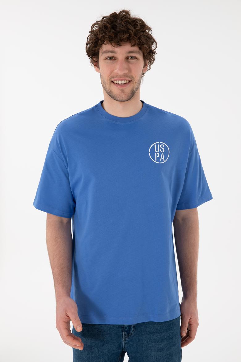 Erkek Oversize Fit Bisiklet Yaka İndigo Tişört - 50305904122