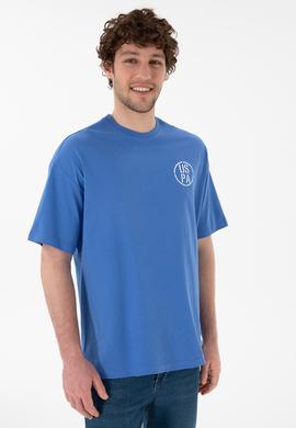 Erkek Oversize Fit Bisiklet Yaka İndigo Tişört - 50305904122