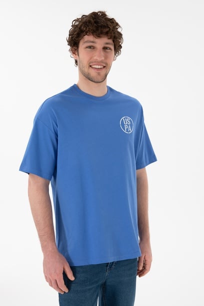 Erkek Oversize Fit Bisiklet Yaka İndigo Tişört