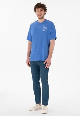 Erkek Oversize Fit Bisiklet Yaka İndigo Tişört - 50305904122