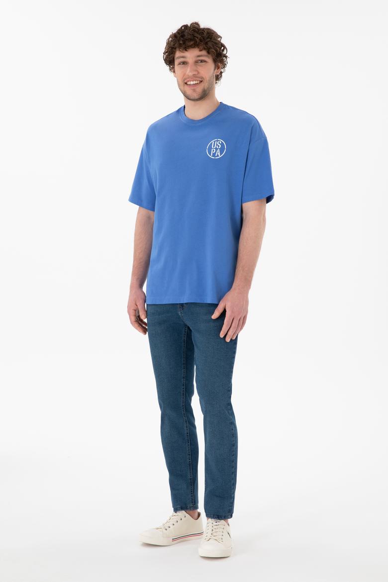 Erkek Oversize Fit Bisiklet Yaka İndigo Tişört - 50305904122