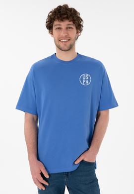 Erkek Oversize Fit Bisiklet Yaka İndigo Tişört - 50305904122