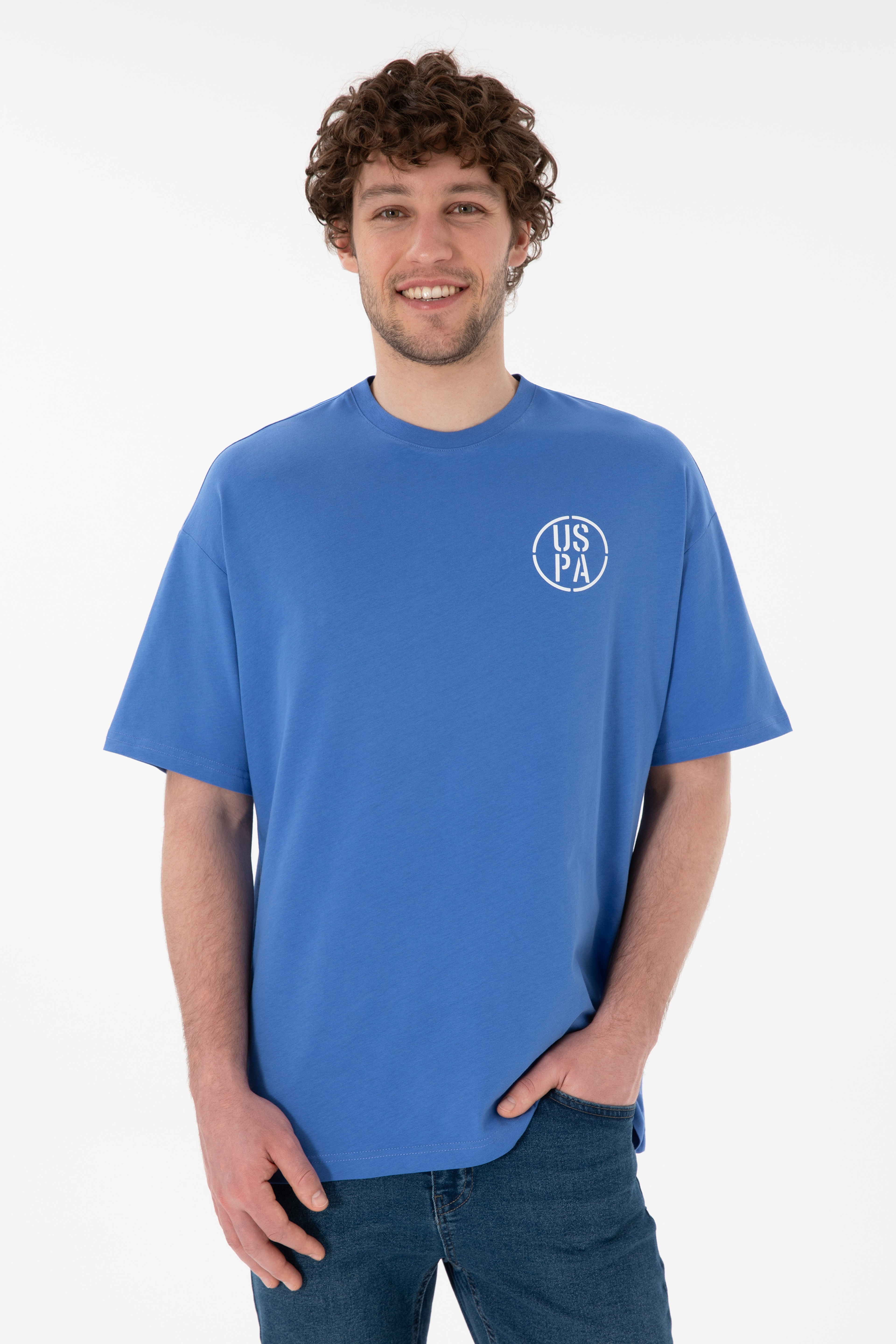 Erkek Oversize Fit Bisiklet Yaka İndigo Tişört - Image 1