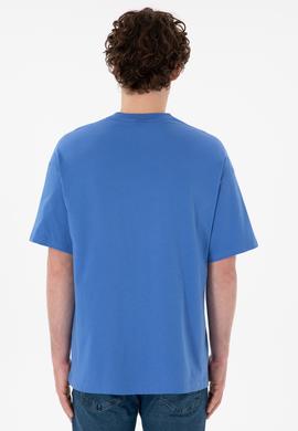 Erkek Oversize Fit Bisiklet Yaka İndigo Tişört - 50305904122