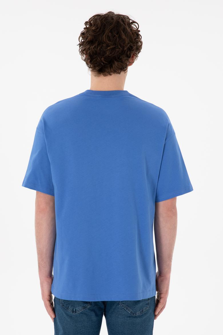 Erkek Oversize Fit Bisiklet Yaka İndigo Tişört - 50305904122