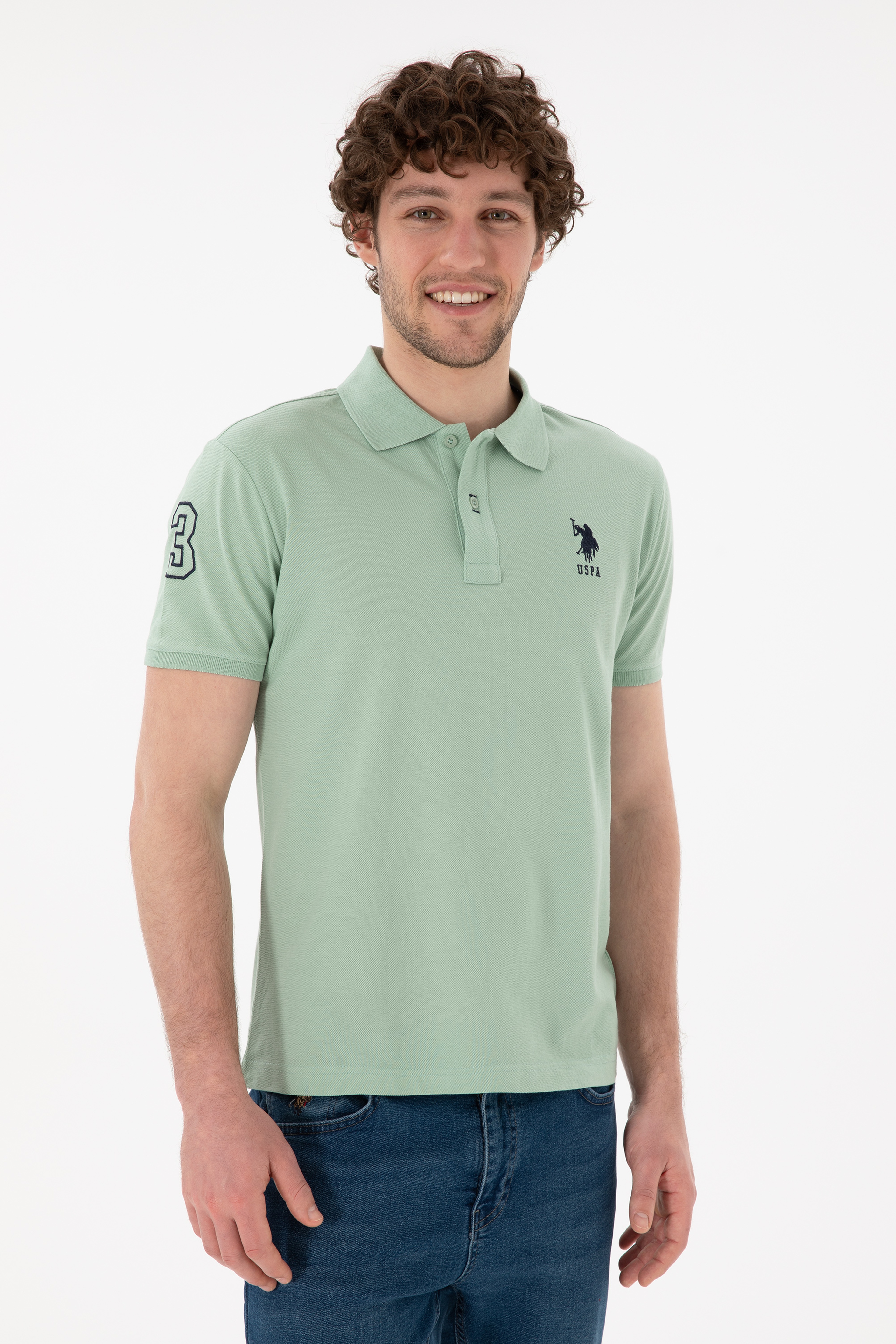 Erkek Slim Fit Polo Yaka Su Yeşili Basic Tişört - Image 4