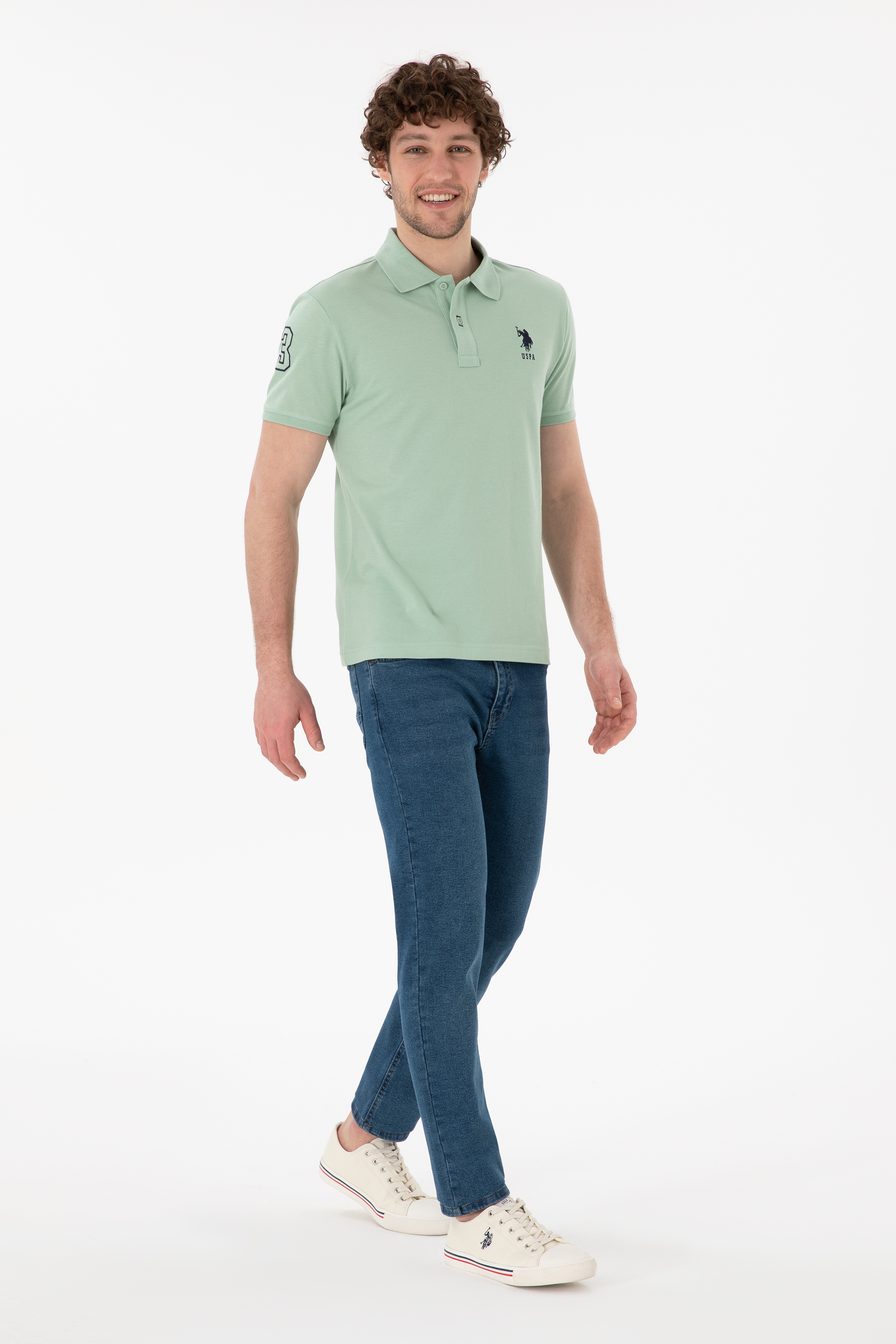 Erkek Slim Fit Polo Yaka Su Yeşili Basic Tişört - Image 5