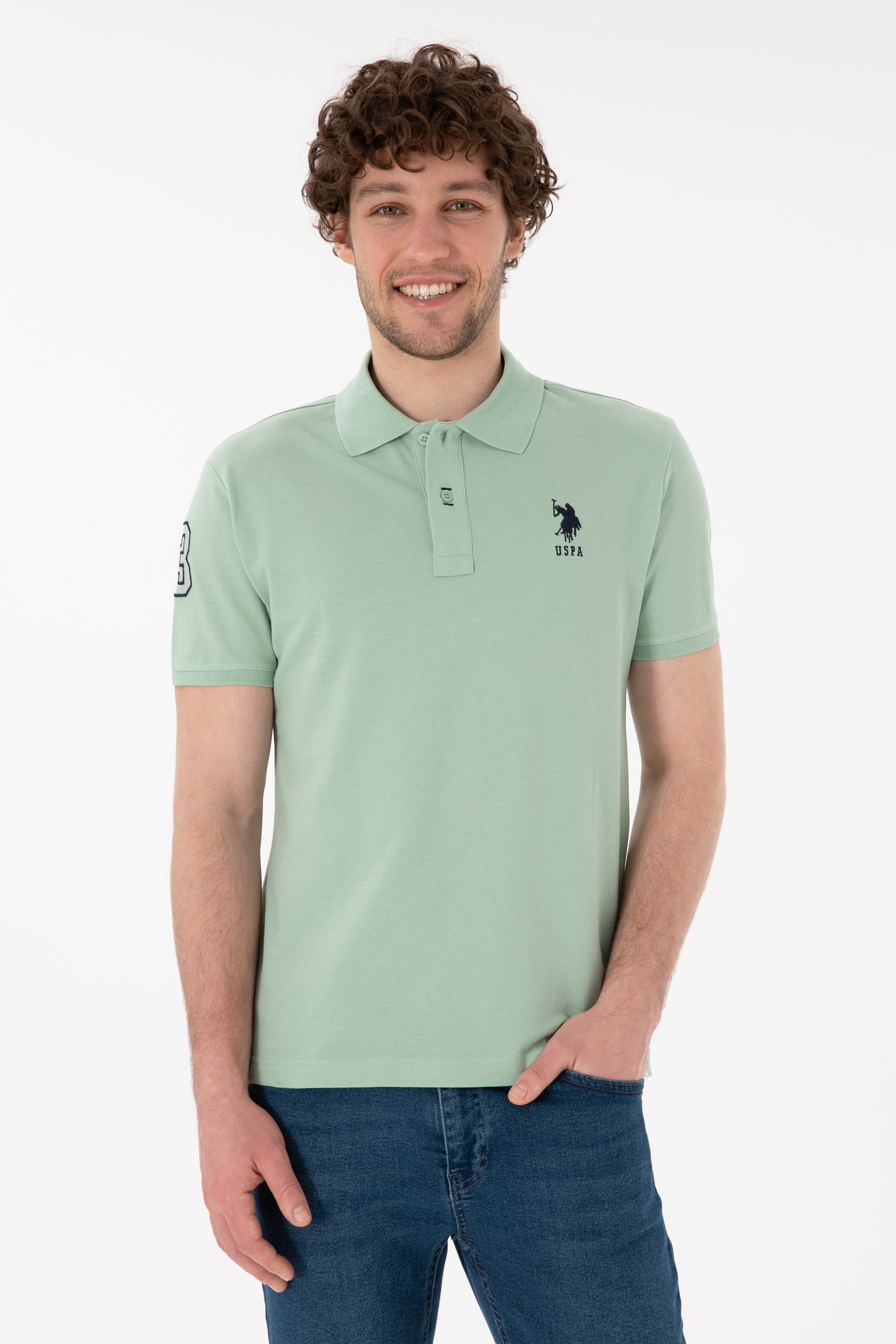 Erkek Slim Fit Polo Yaka Su Yeşili Basic Tişört - Image 1
