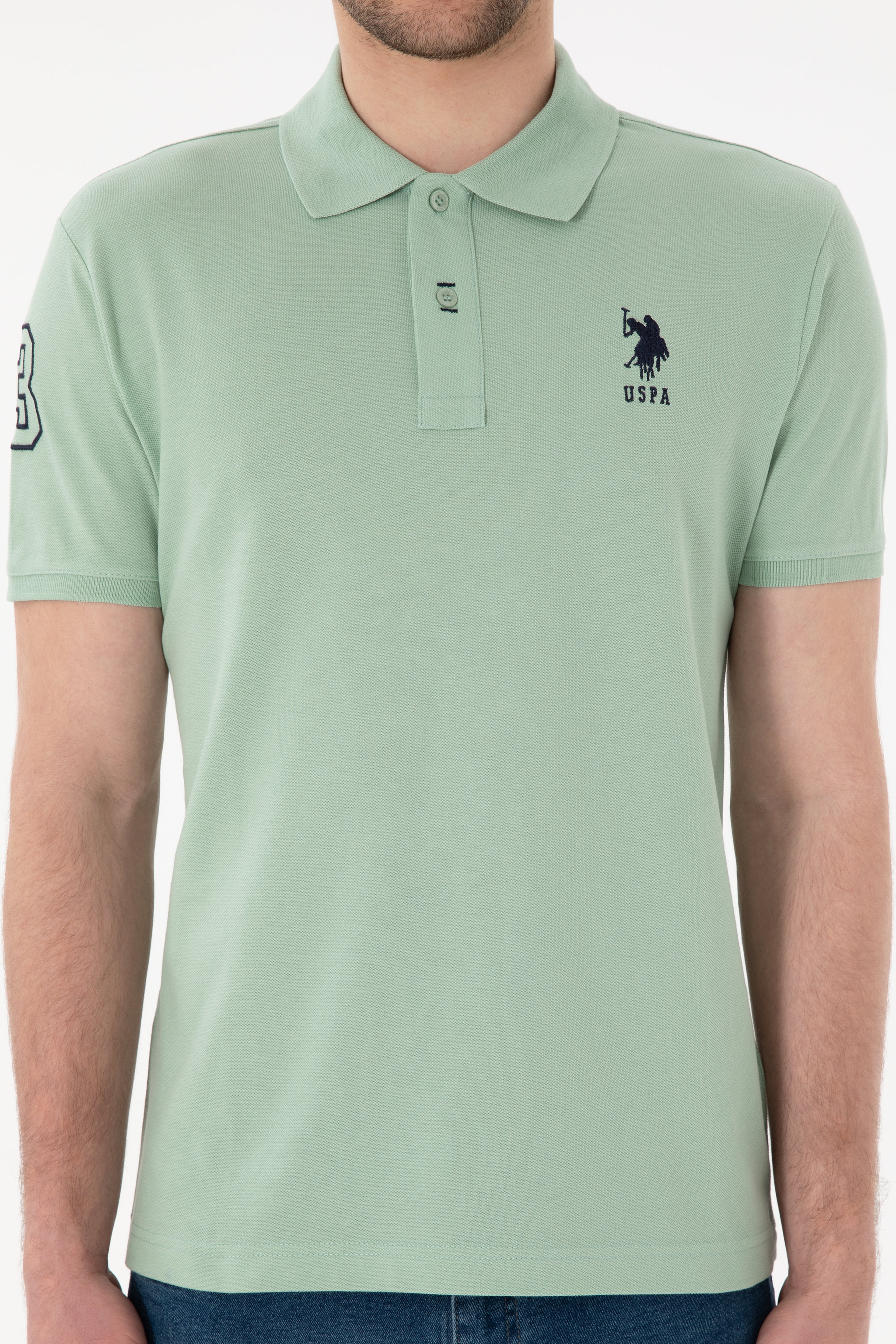 Erkek Slim Fit Polo Yaka Su Yeşili Basic Tişört - Image 7