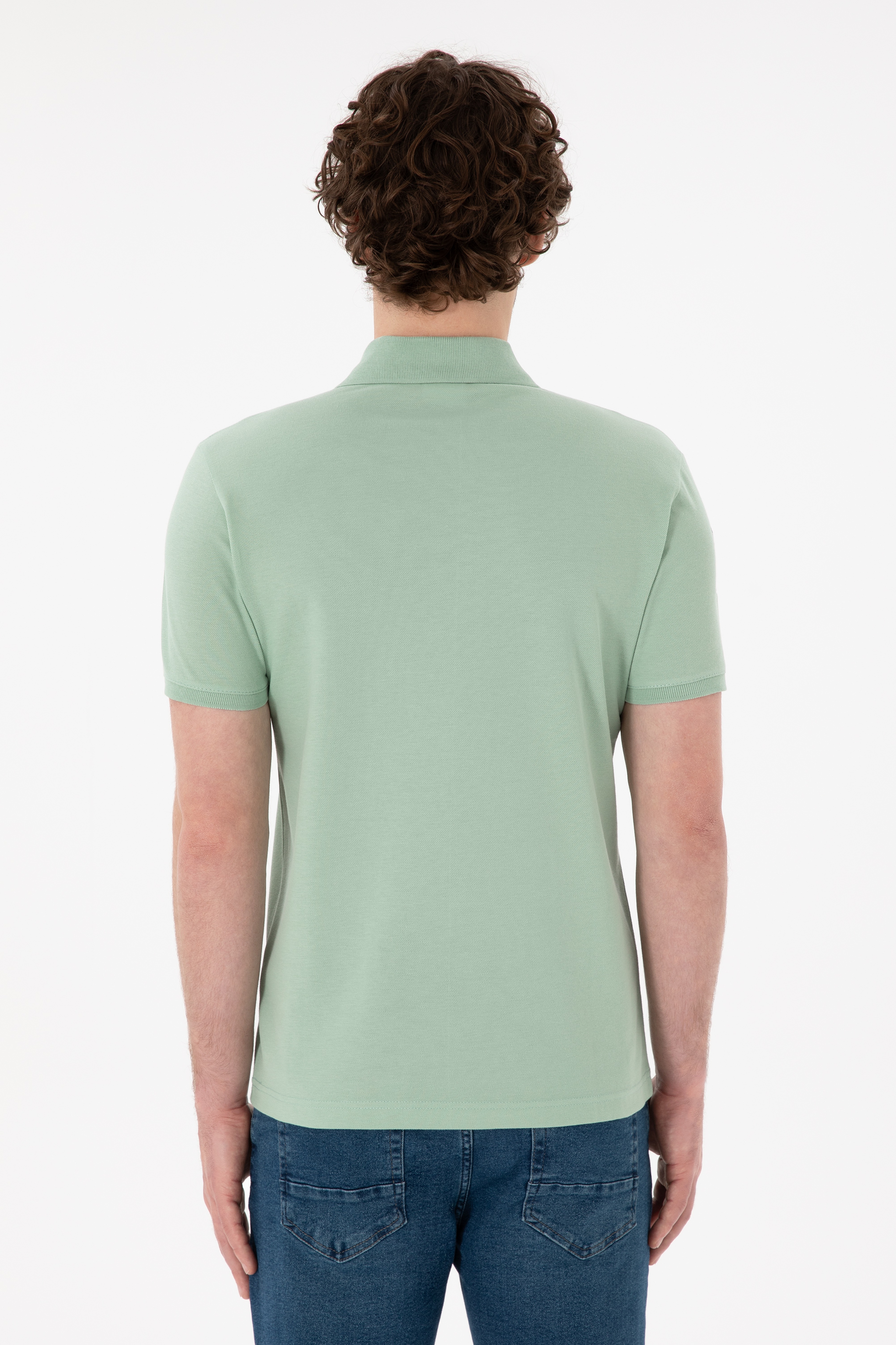 Erkek Slim Fit Polo Yaka Su Yeşili Basic Tişört - Image 6