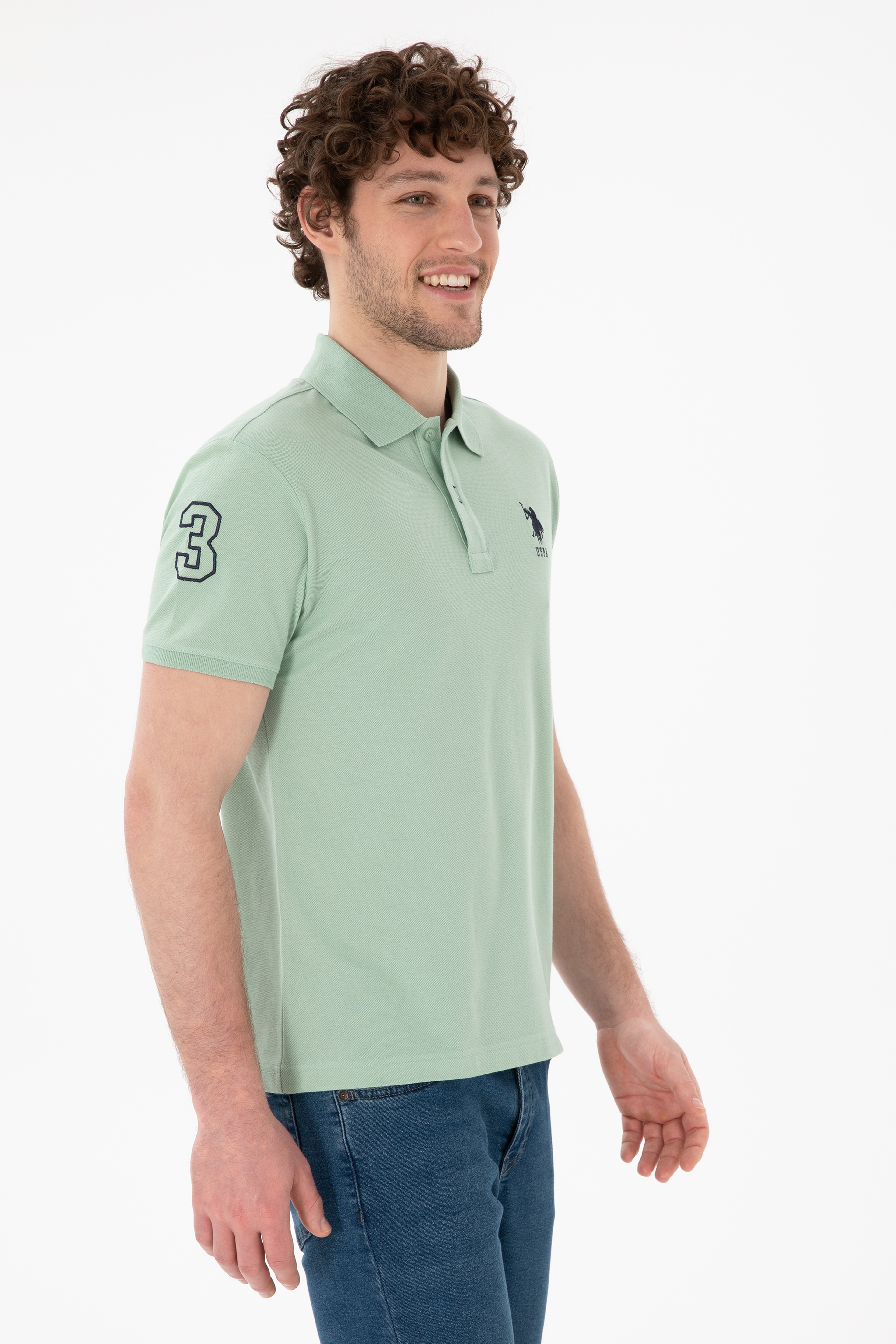 Erkek Slim Fit Polo Yaka Su Yeşili Basic Tişört - Image 2