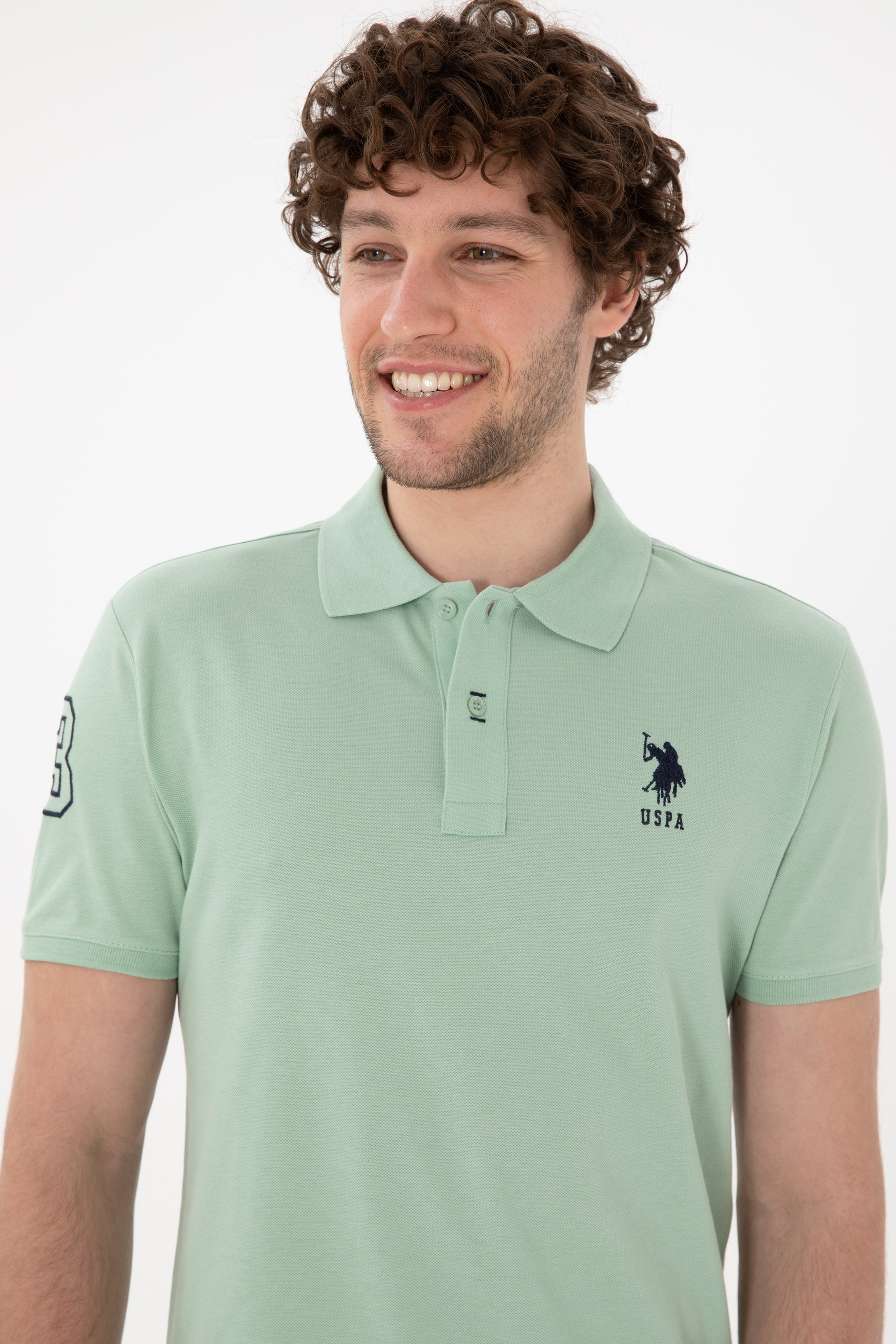 Erkek Slim Fit Polo Yaka Su Yeşili Basic Tişört - Image 3