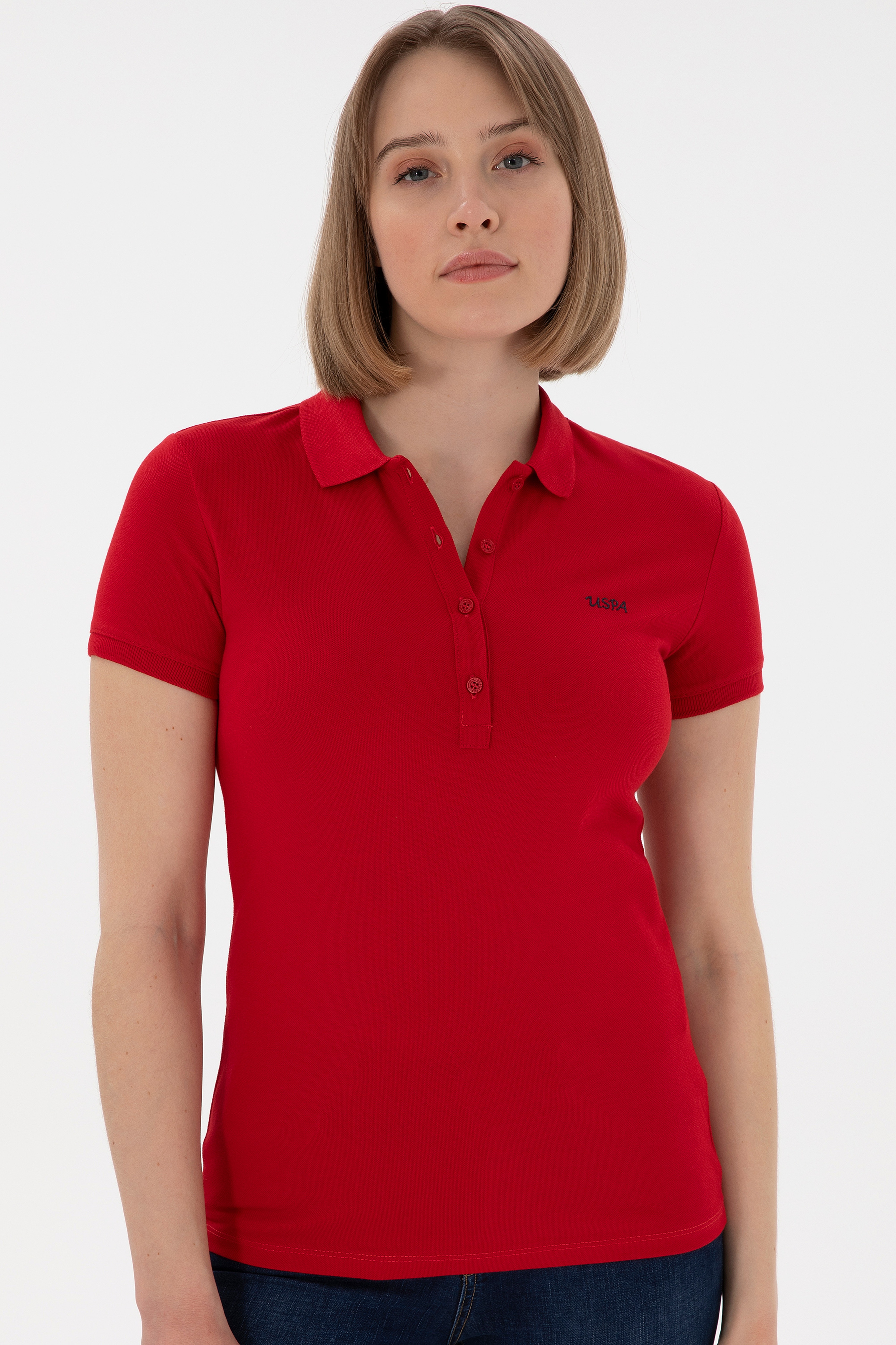Kadın Kırmızı Basic Polo Yaka Tişört - Image 3