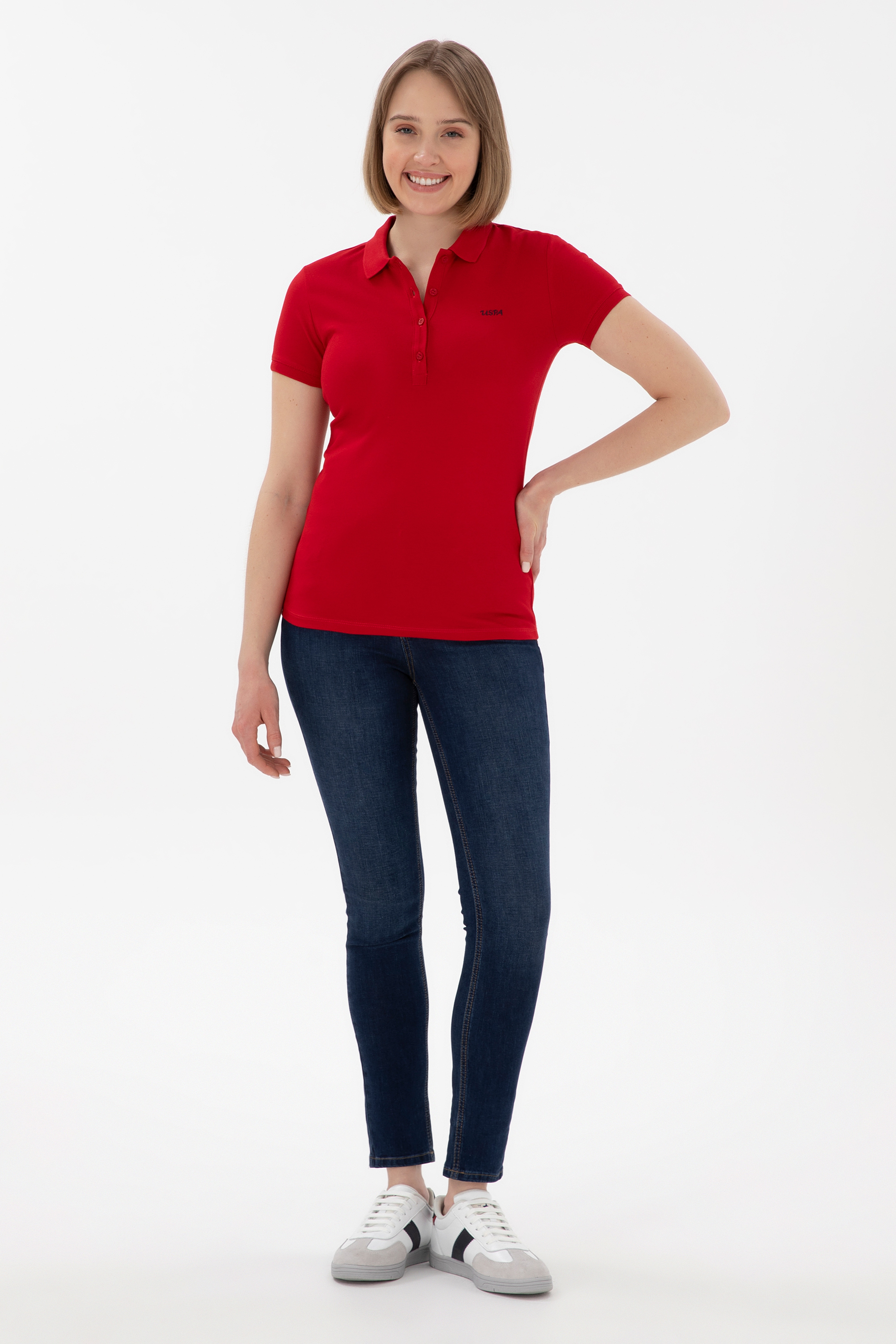 Kadın Kırmızı Basic Polo Yaka Tişört - Image 4
