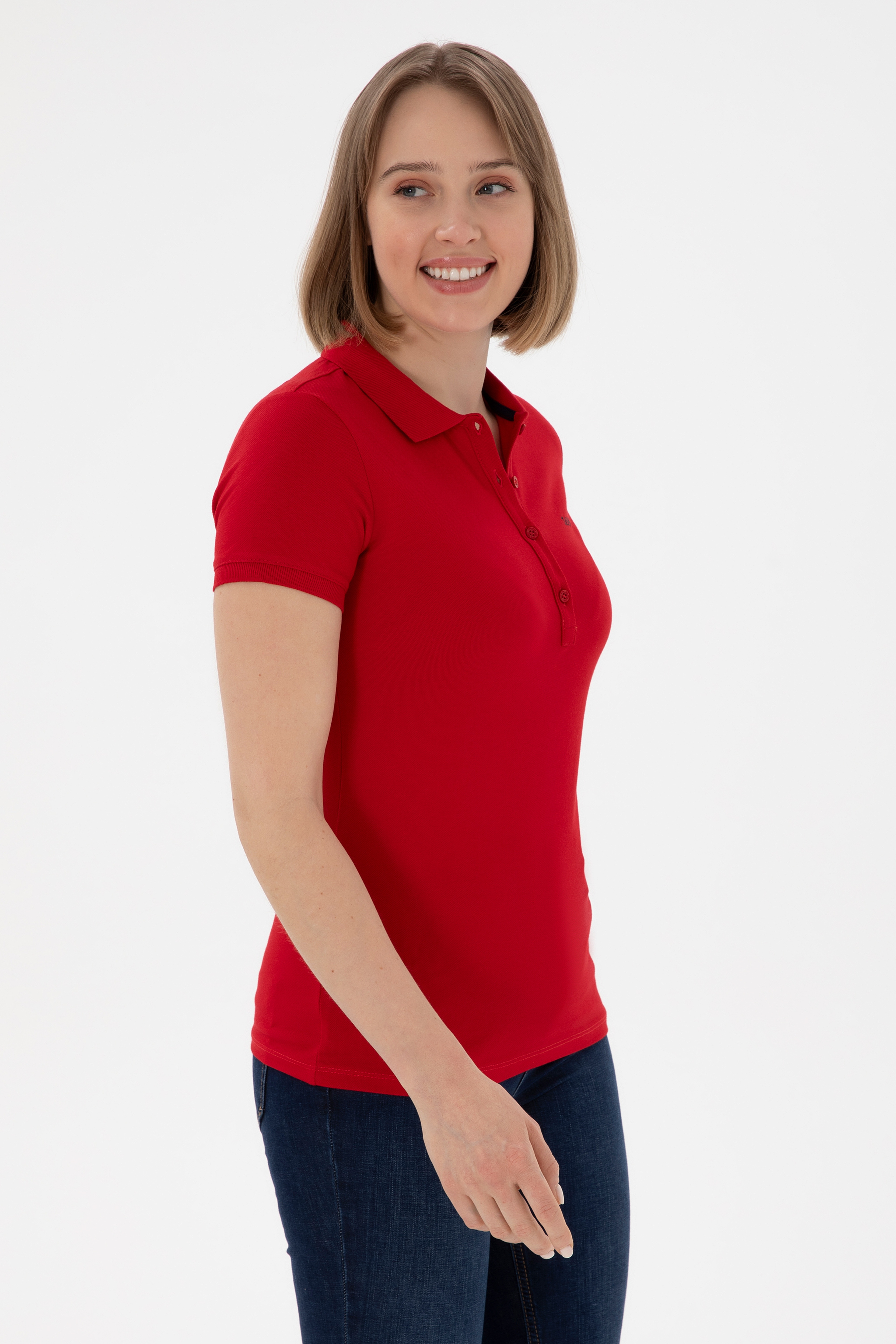 Kadın Kırmızı Basic Polo Yaka Tişört - Image 1