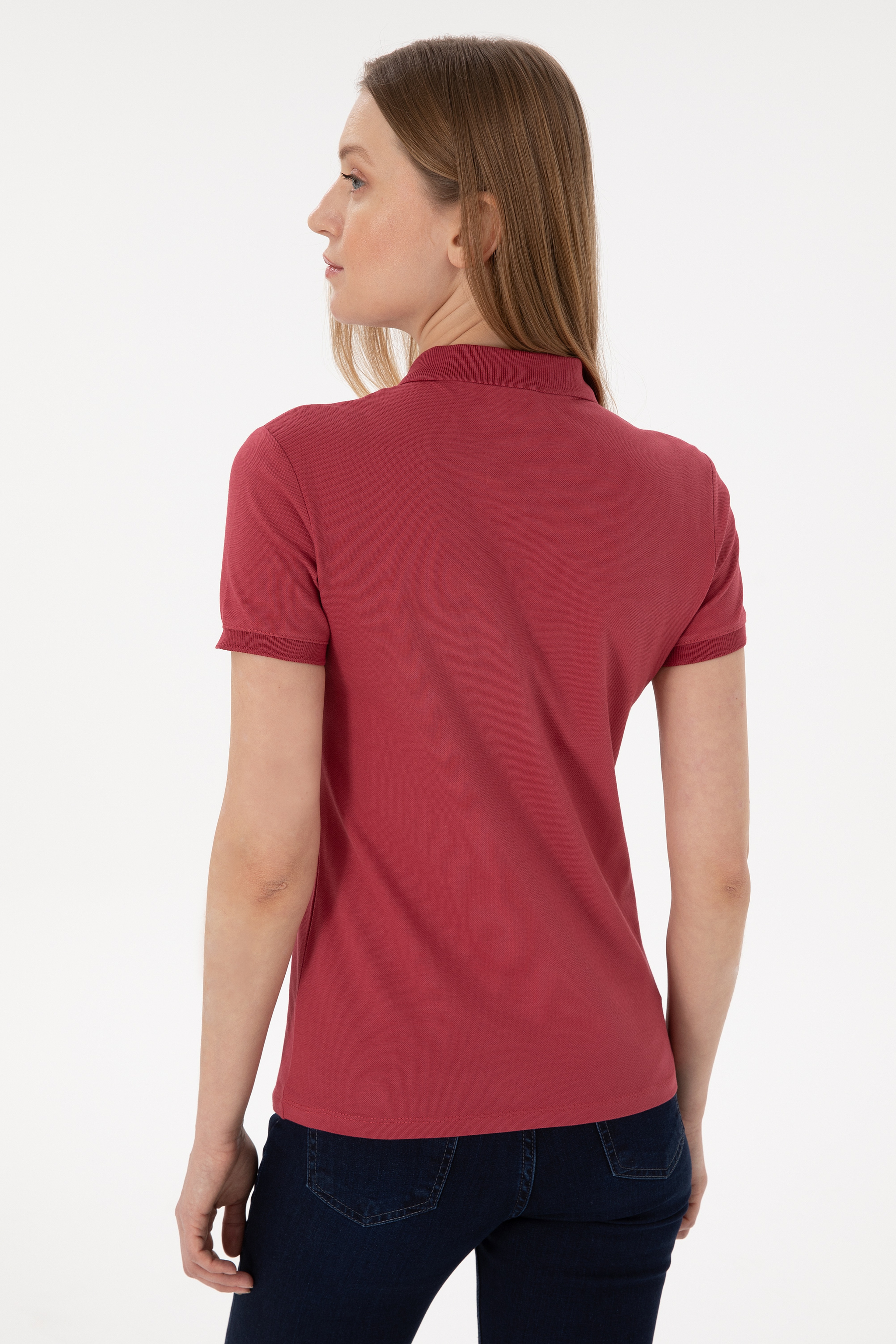 Kadın Vişne Basic Polo Yaka Tişört - Image 5