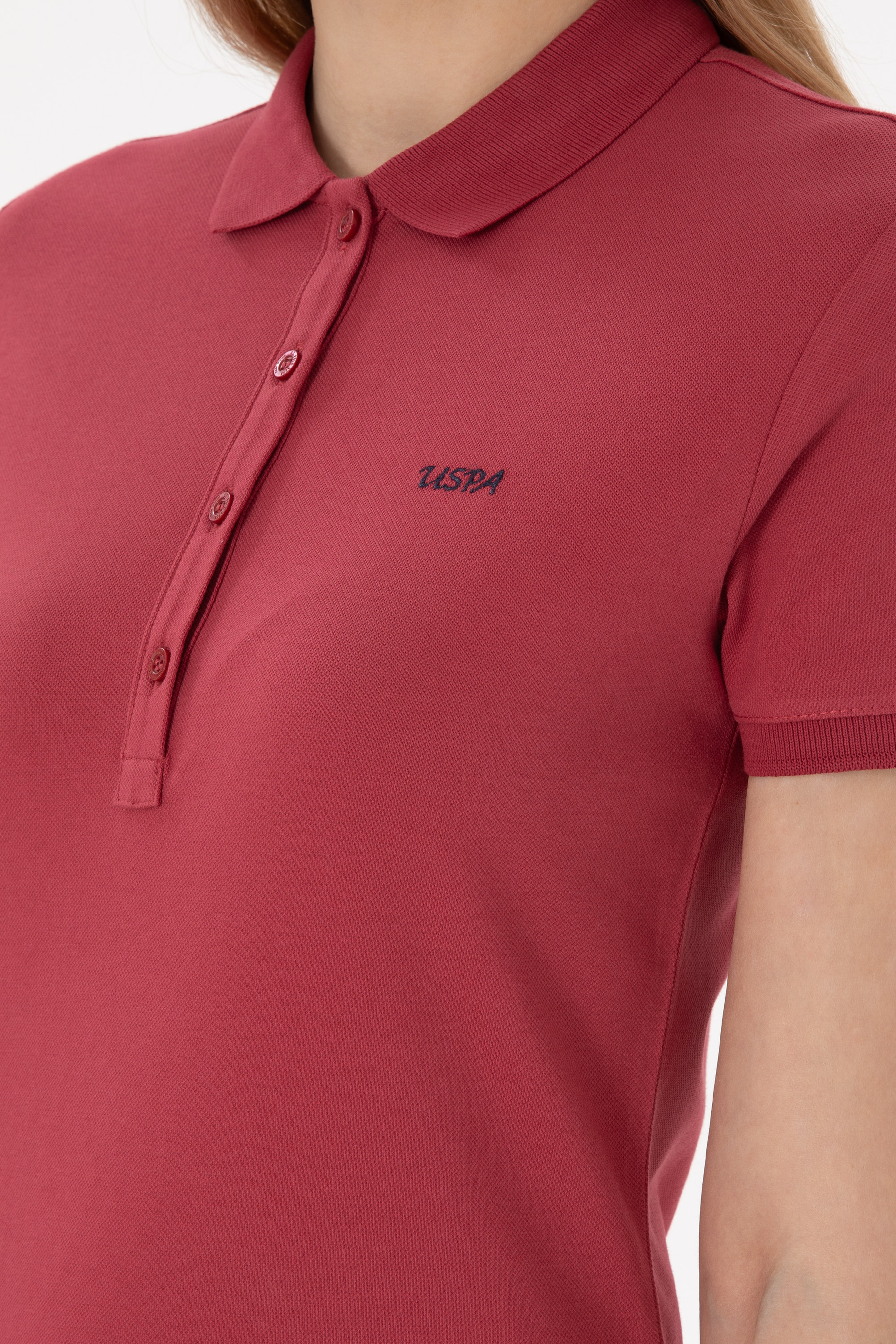 Kadın Vişne Basic Polo Yaka Tişört - Image 7