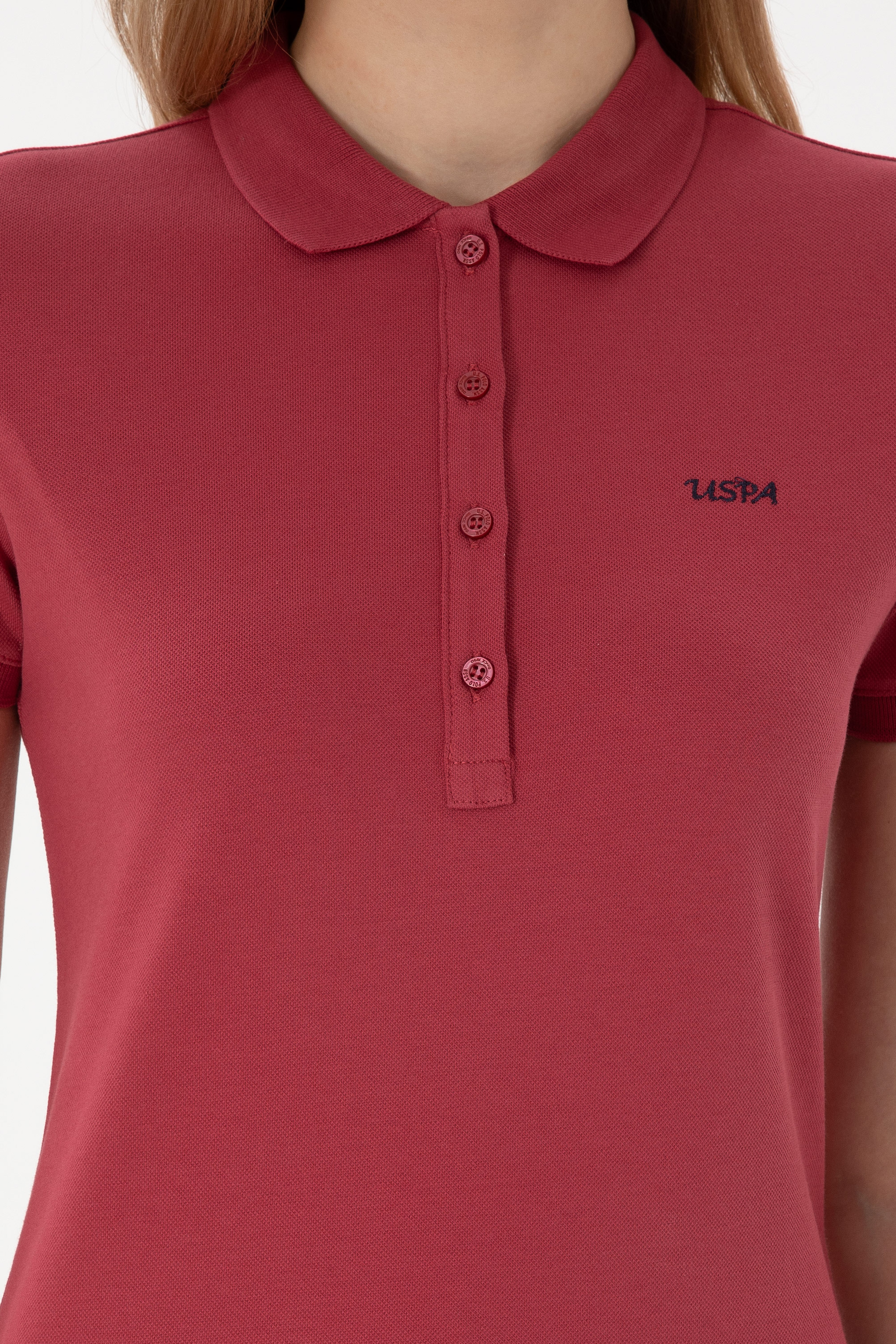 Kadın Vişne Basic Polo Yaka Tişört - Image 6