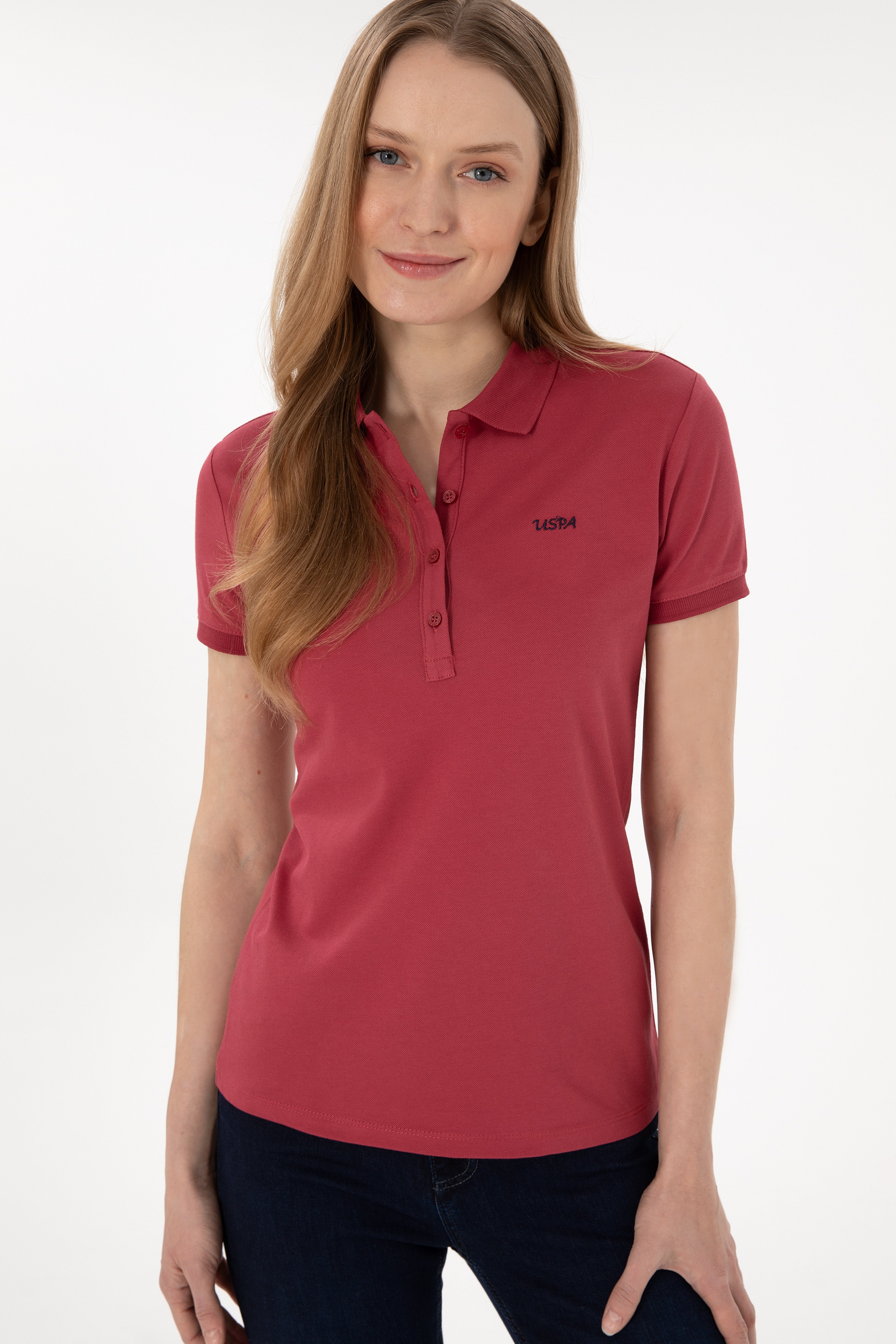 Kadın Vişne Basic Polo Yaka Tişört - Image 3