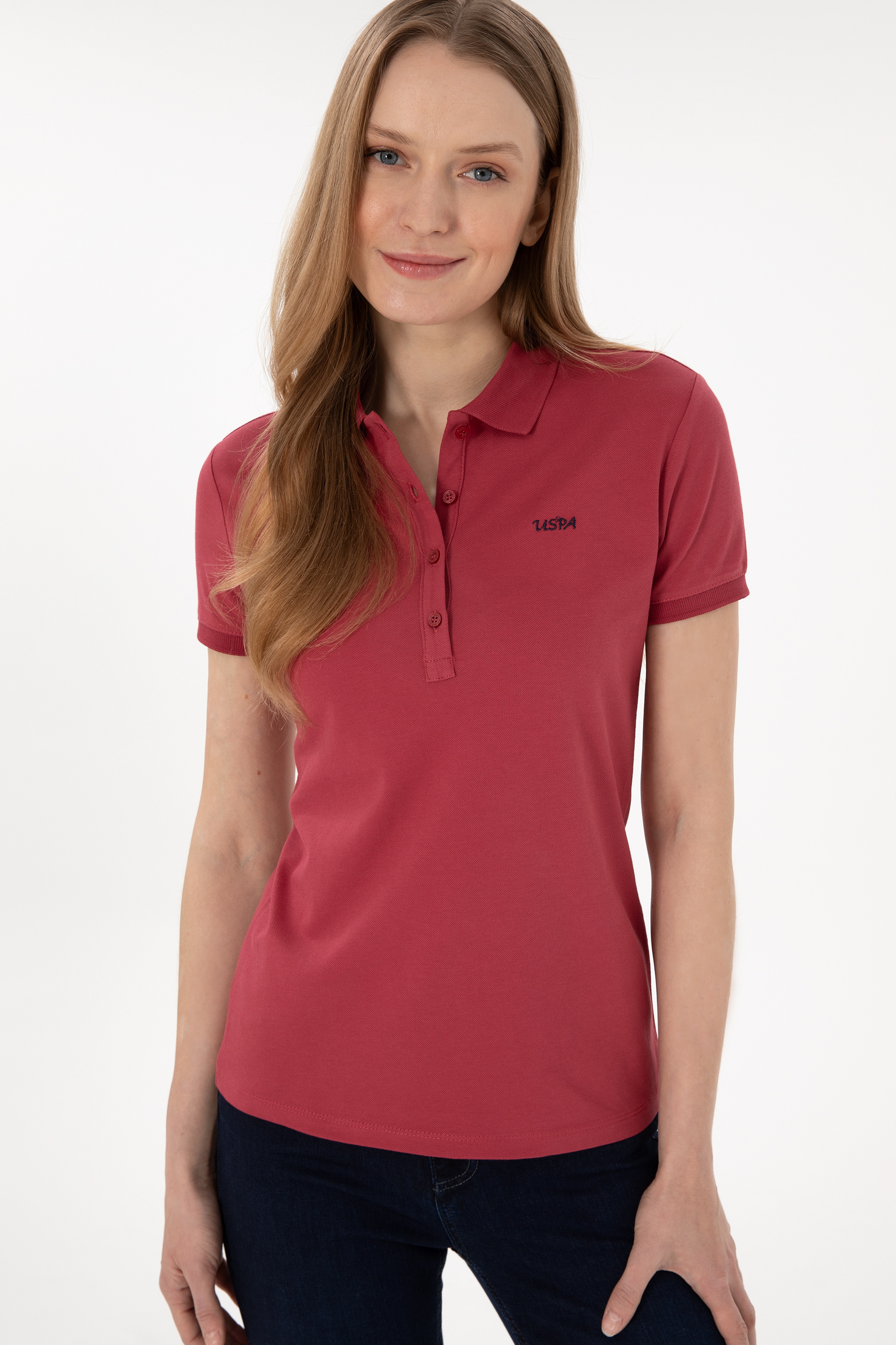 Kadın Vişne Basic Polo Yaka Tişört