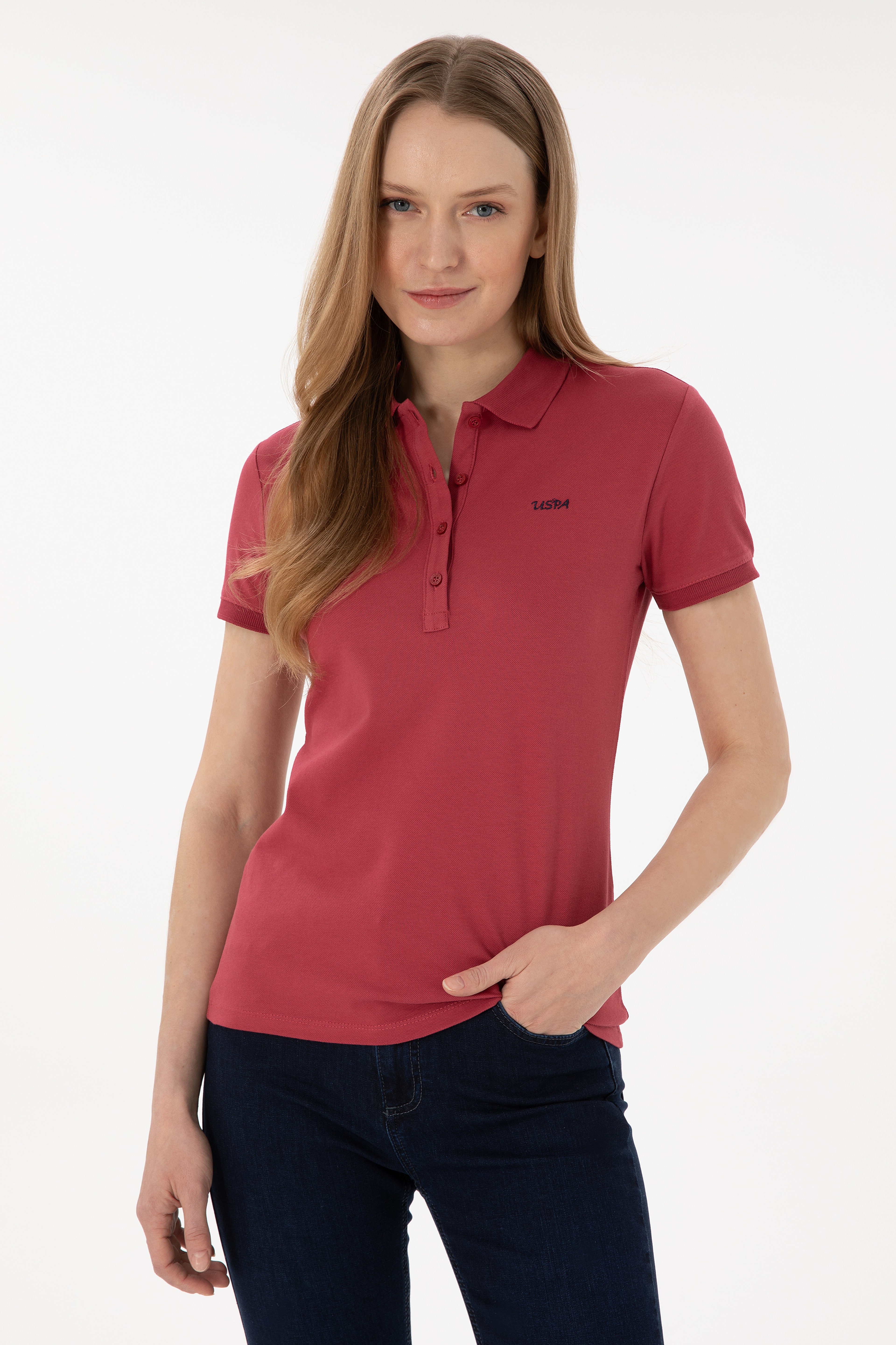 Kadın Vişne Basic Polo Yaka Tişört - Image 1