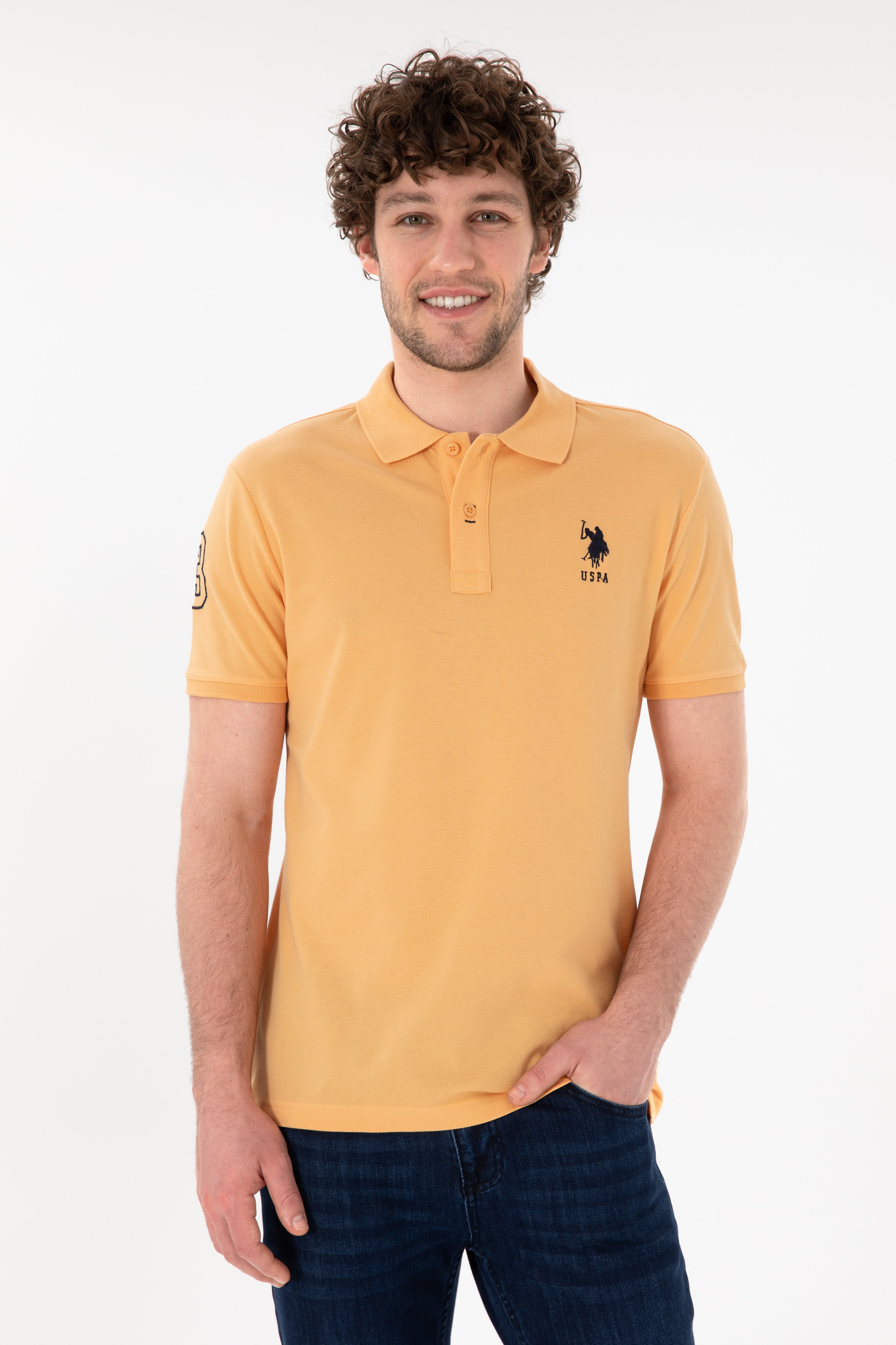 Erkek Slim Fit Polo Yaka Turuncu Basic Tişört - Image 1