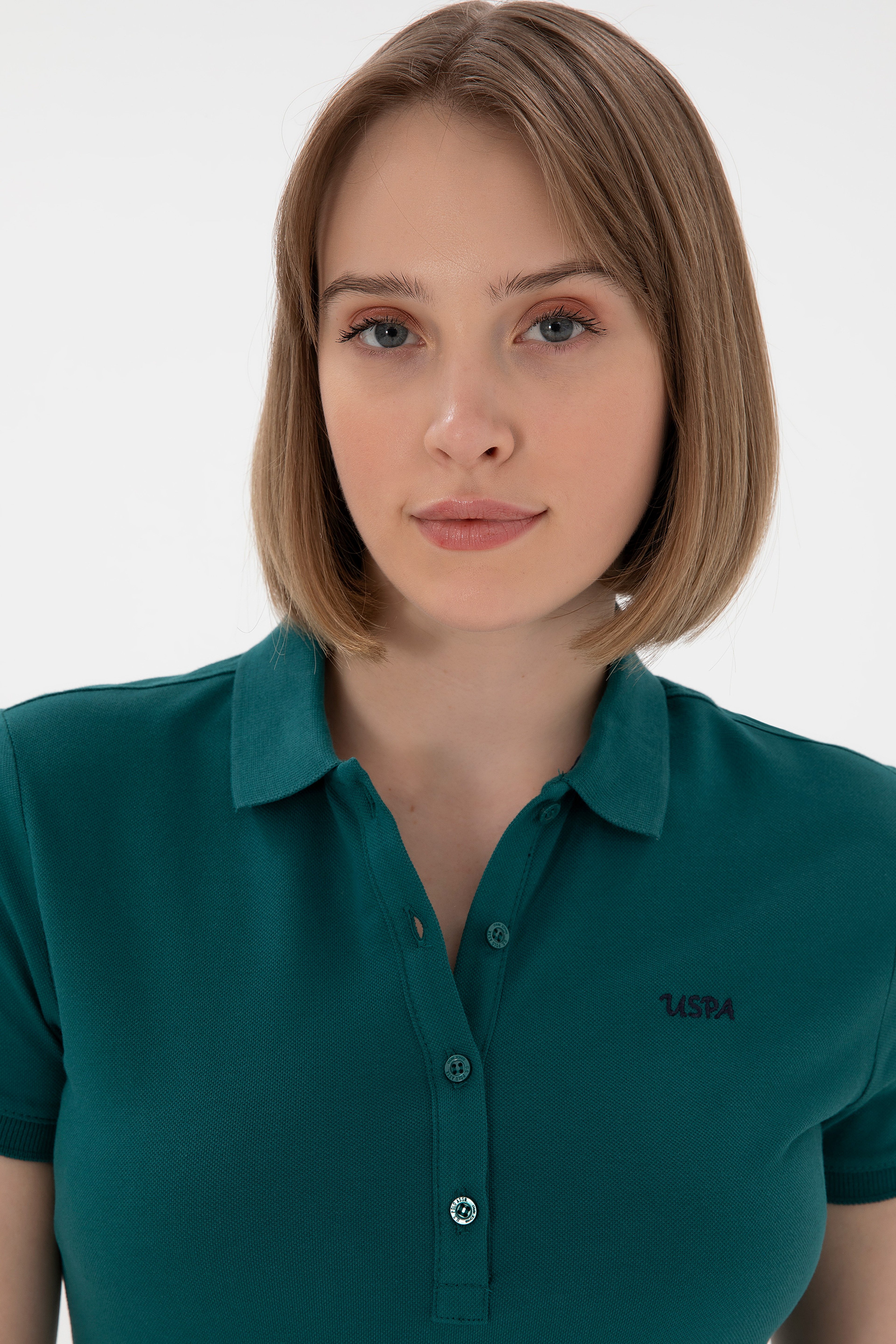Kadın Koyu Yeşil Basic Polo Yaka Tişört - Image 2