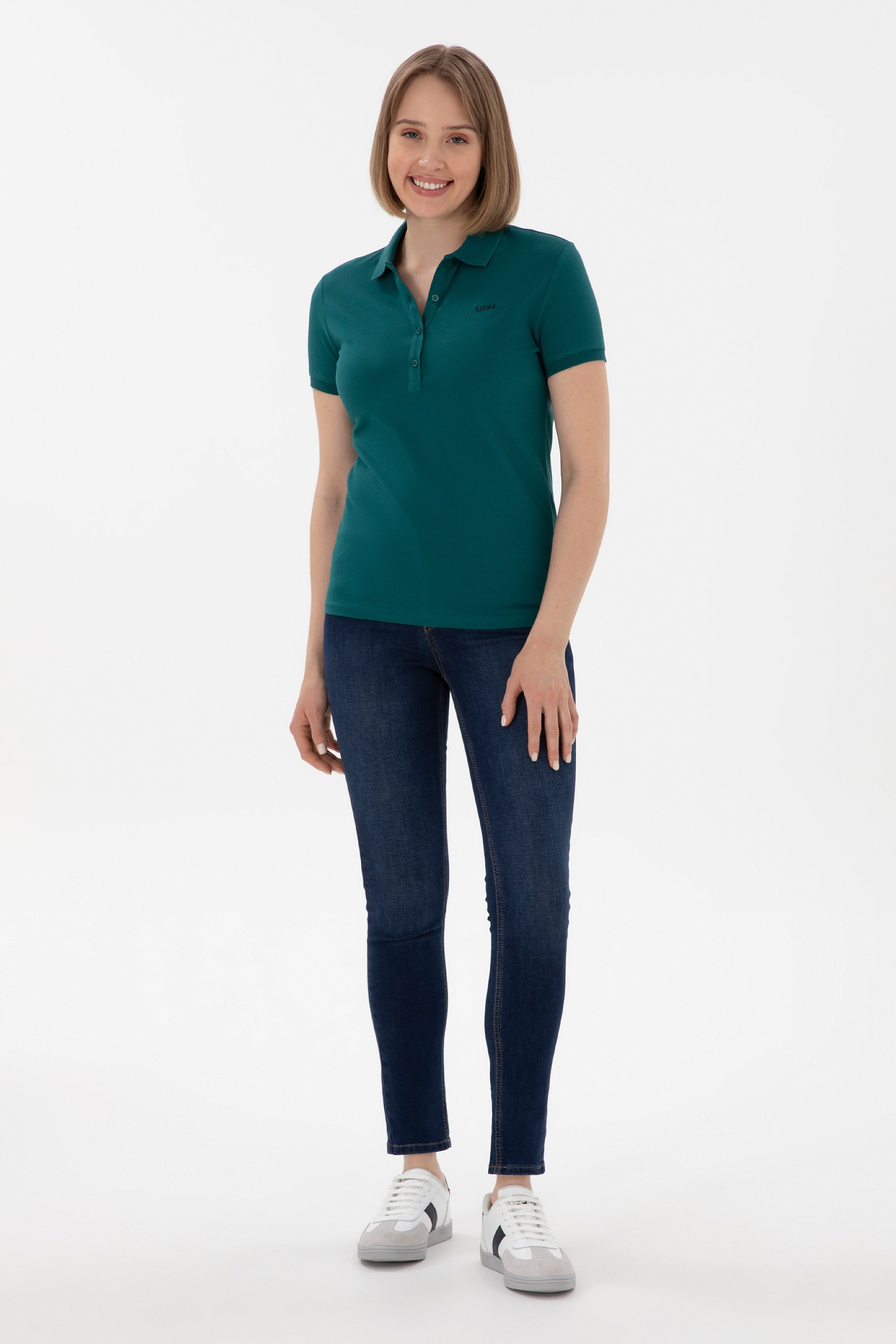 Kadın Koyu Yeşil Basic Polo Yaka Tişört - Image 4