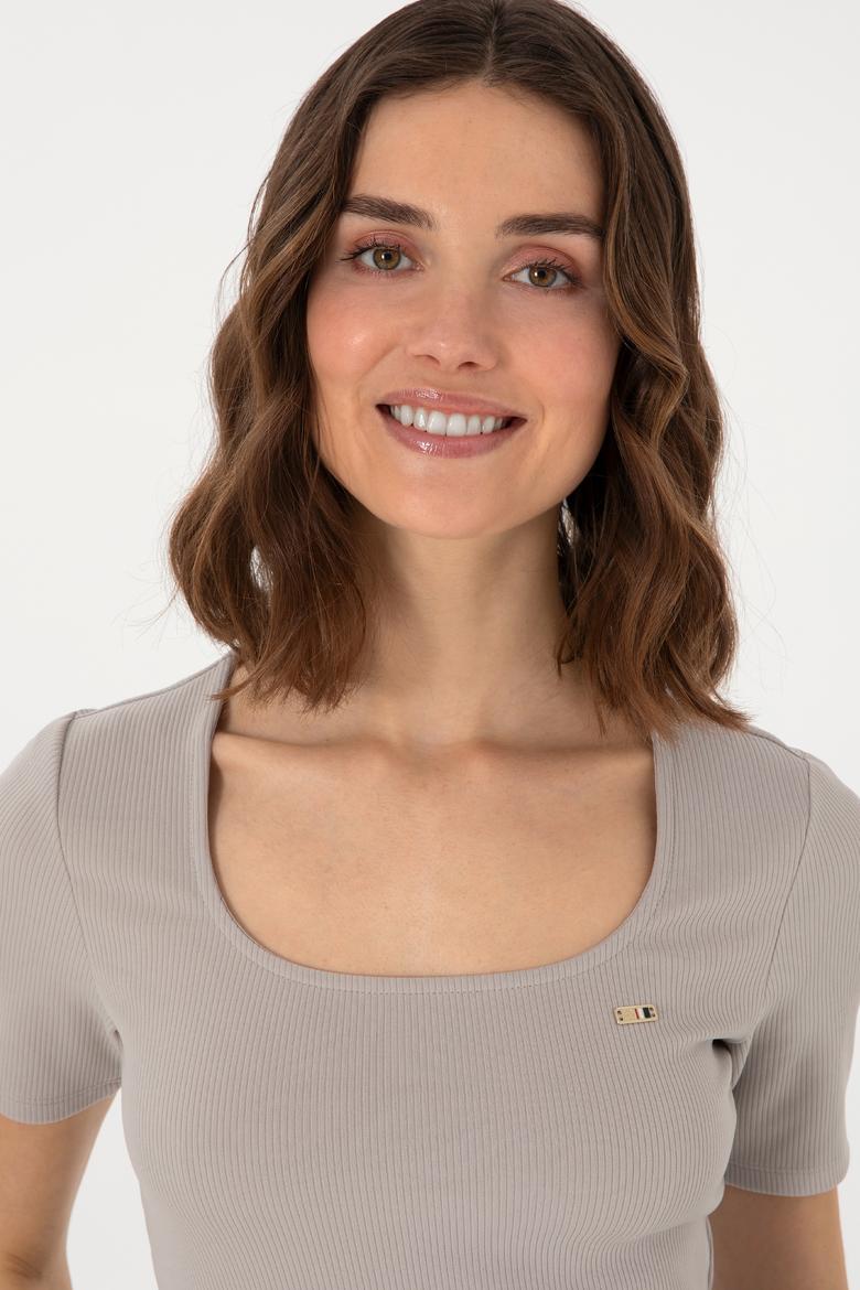 Kadın Gri Melanj Kare Yaka Tişört - 50305762004