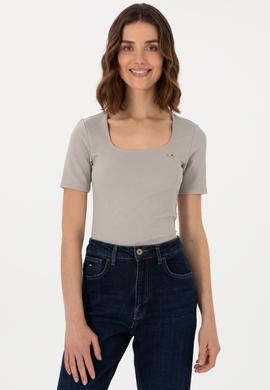 Kadın Gri Melanj Kare Yaka Tişört - 50305762004