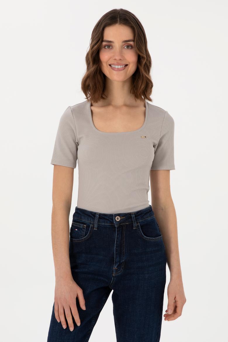 Kadın Gri Melanj Kare Yaka Tişört