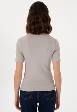 Kadın Gri Melanj Kare Yaka Tişört - 50305762004