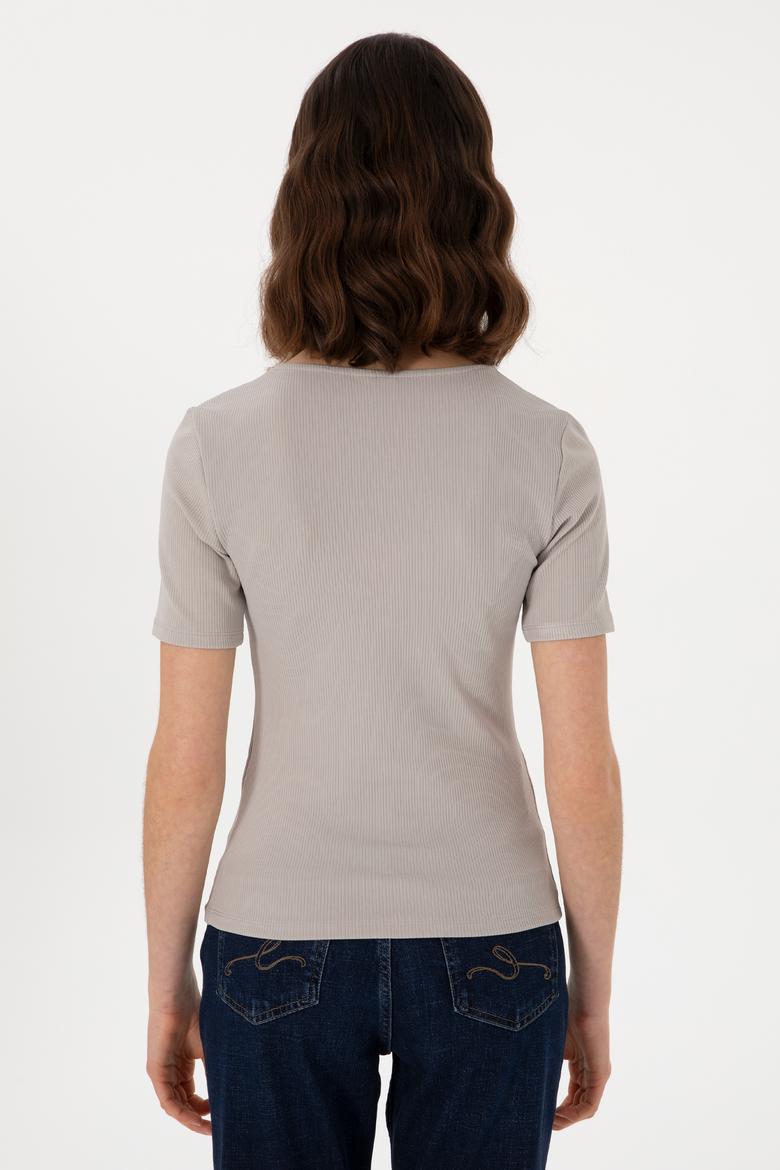 Kadın Gri Melanj Kare Yaka Tişört - 50305762004